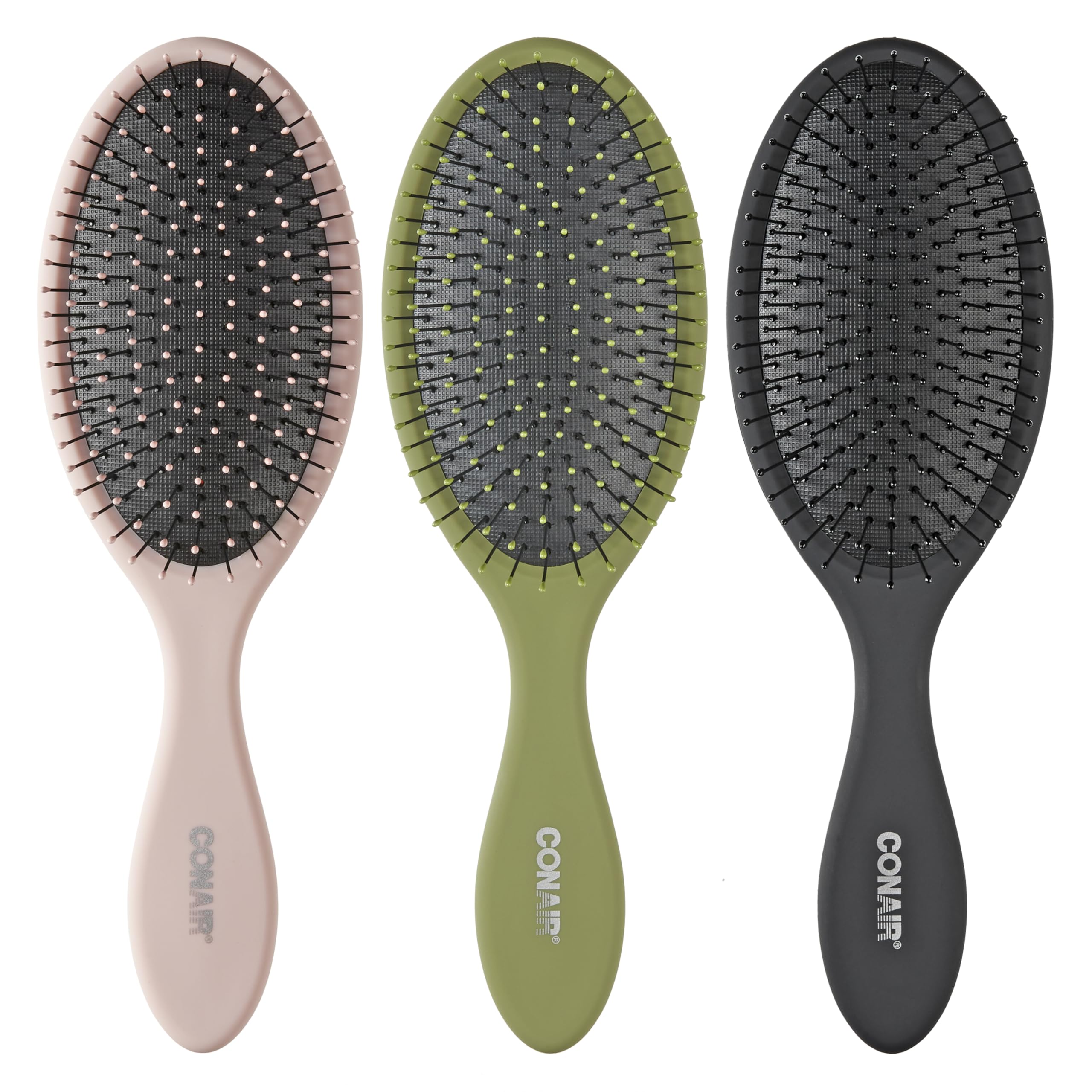 Conair Detangling Hair Brush Set, 3-Pack Detangler Brushes for Wet or Dry Hair, Gentle Detangler for All Hair Types, Bristle Hair Brushes for Women, Evergreen, Blush Pink, Black Assorted