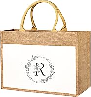 Vista 10 de JUSTOTRY Bolsa de mano con inicial, yute natural, grande, 13 onzas, personalizada, bolsa de lona con monograma, regalo para mujer