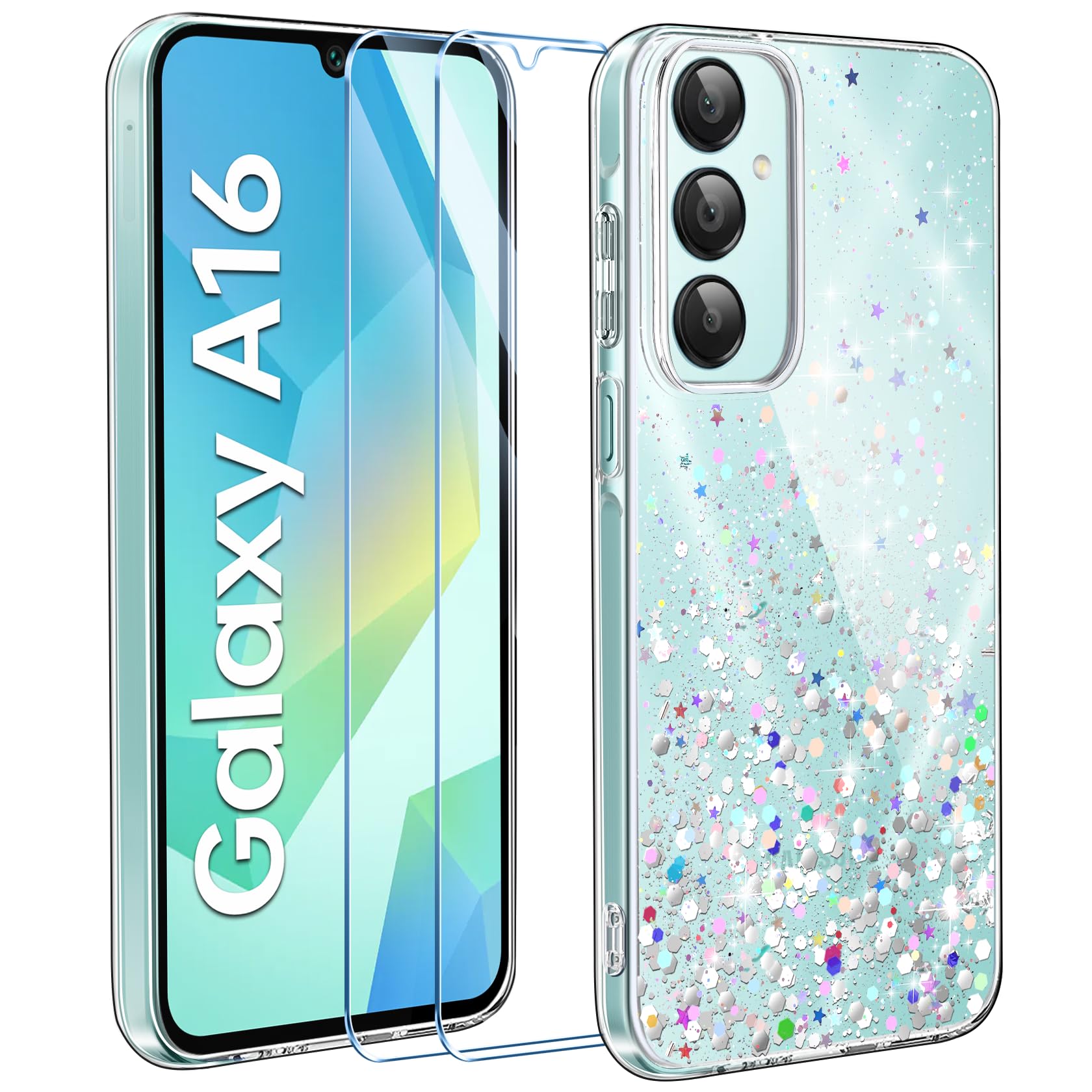 ivencase Clear Glitter Case Compatible with Samsung A16 Phone Case with 2 Screen Protector, TPU Silicone Sparkly Bling Star Soft Cover Flexible Transparent Shockproof Cover Samsung Galaxy A16