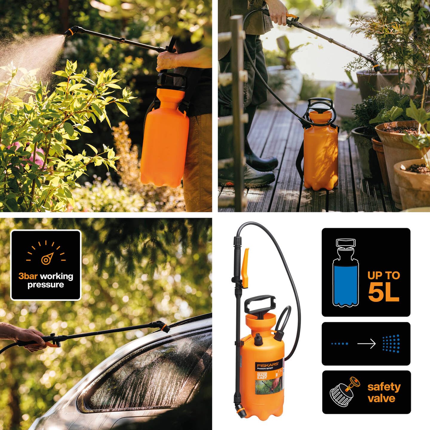 Fiskars Pulverizador a presión, Para tratamientos de plantas a base de agua, Patrón de pulverización ajustable, Válvula de seguridad para la estabilidad de la presión, 5 l, Negro/Naranja, 1025934