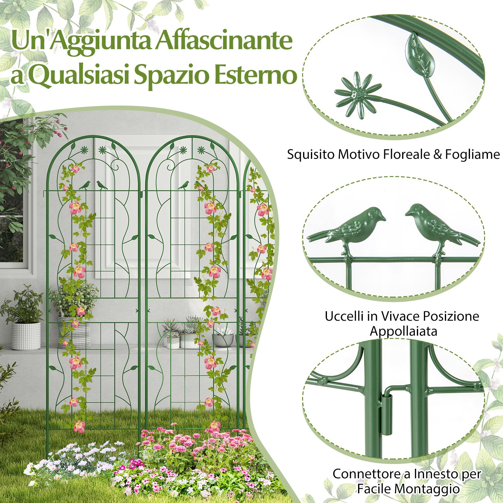 COSTWAY Traliccio da Giardino in Metallo 180 x 50 CM, 4 Pannello di Recinzione Antiruggine per Piante Rampicanti, Rose e Verdure, Decorazione Esterna per Giardino, Cortile, Patio (Verde)