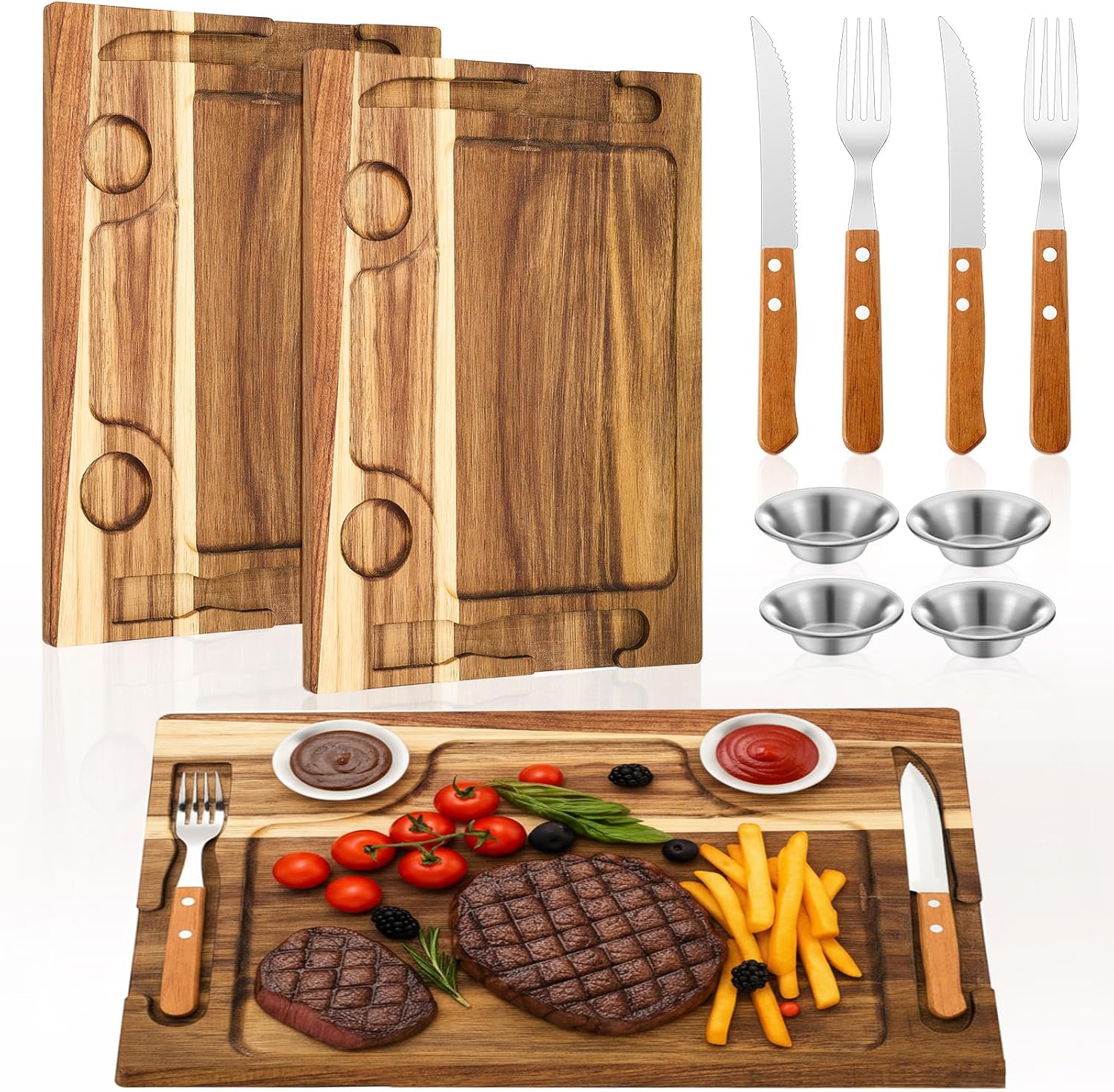 Honeydak 2 Set Acacia Wooden Steak Board Steak Plate Cutting Board with Fork, Knife and Sauce Cups 15.7 Inches Wood Serving Tray for Cheese Charcuterie Meat and Poultry, Birthday Wedding Gift