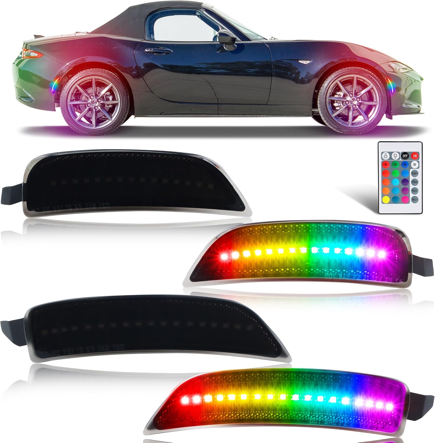 Full LED [Single Color Glow] RGB Side Marker Lights for 2016-up MX-5 Miata, [4 Modes 16 Colors] RGB Marker Lamps, Front & Rear Smoked Lens Bumper Assembly with 24-Key Remote, 4PCS