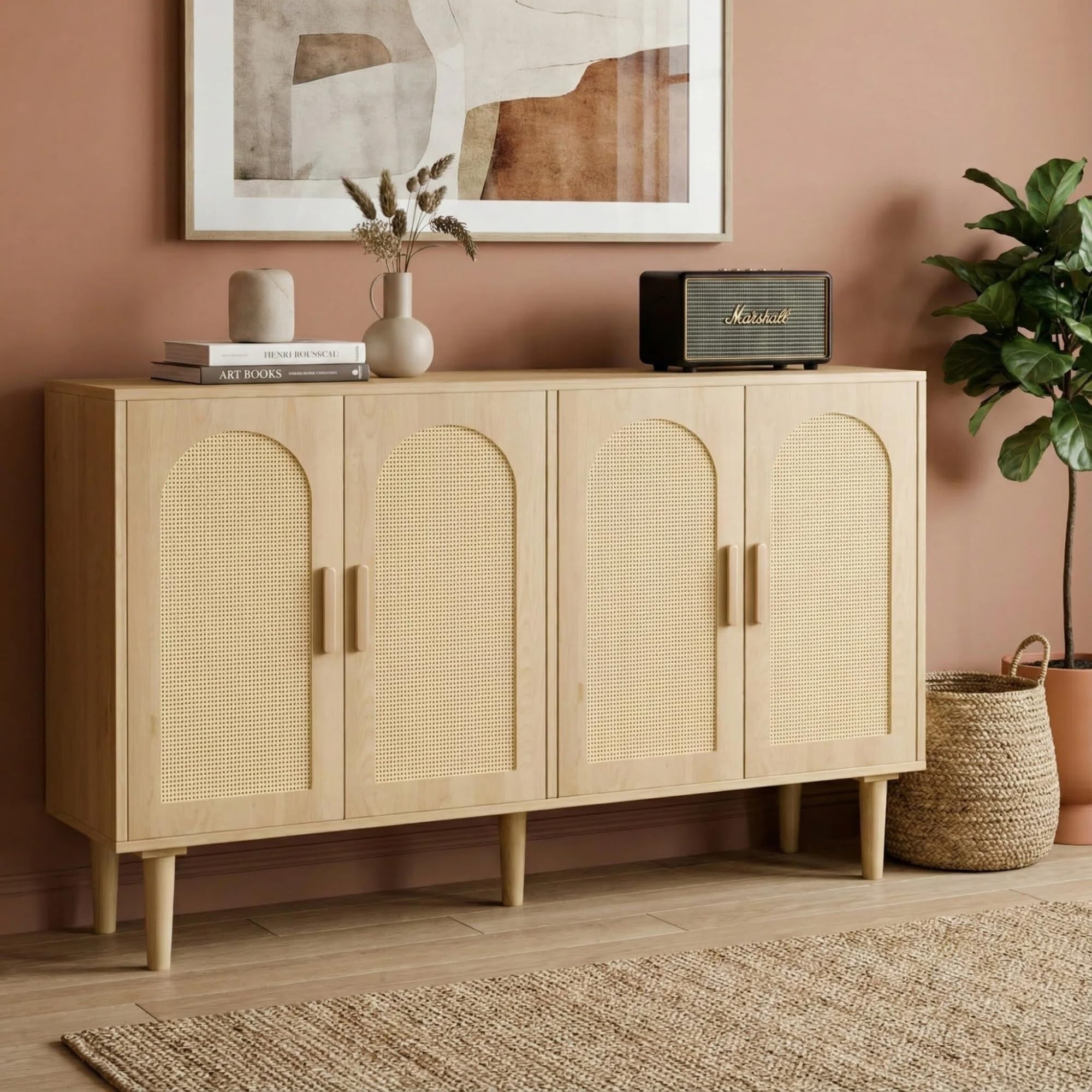 Topcomfy Sideboard Buffet Cabinet with Storage, 47 Inch Rattan Coffee Bar Cabinet with Artistic Carved Handle, Modern Wood Cupboard for Kitchen,