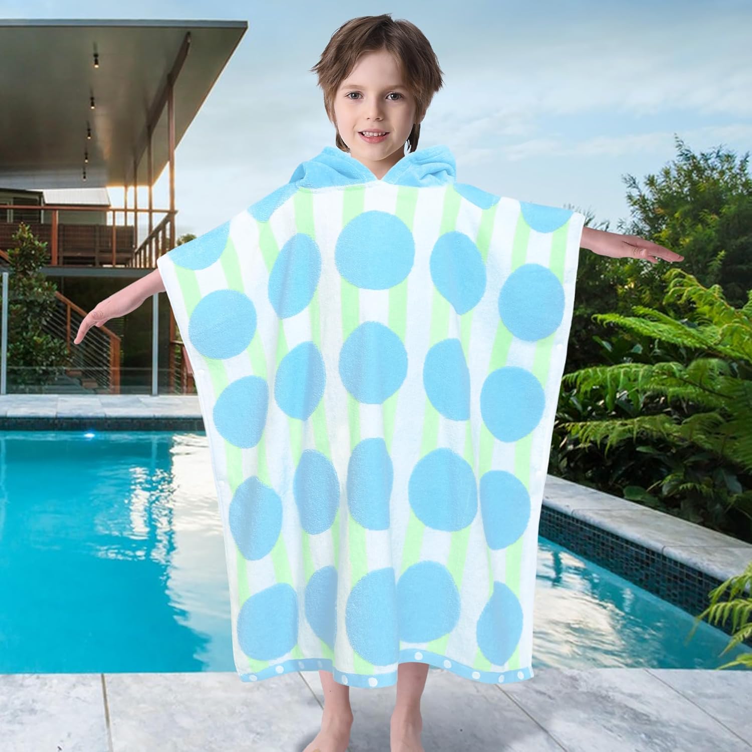 VOOVA & MOVAS Kids Poncho Towels with Hood (4-8Years), Absorbent Quick Dry Lightweight Hooded Beach Towel for Pool | Swim | Bath, Blue Dot Strip - Image 6