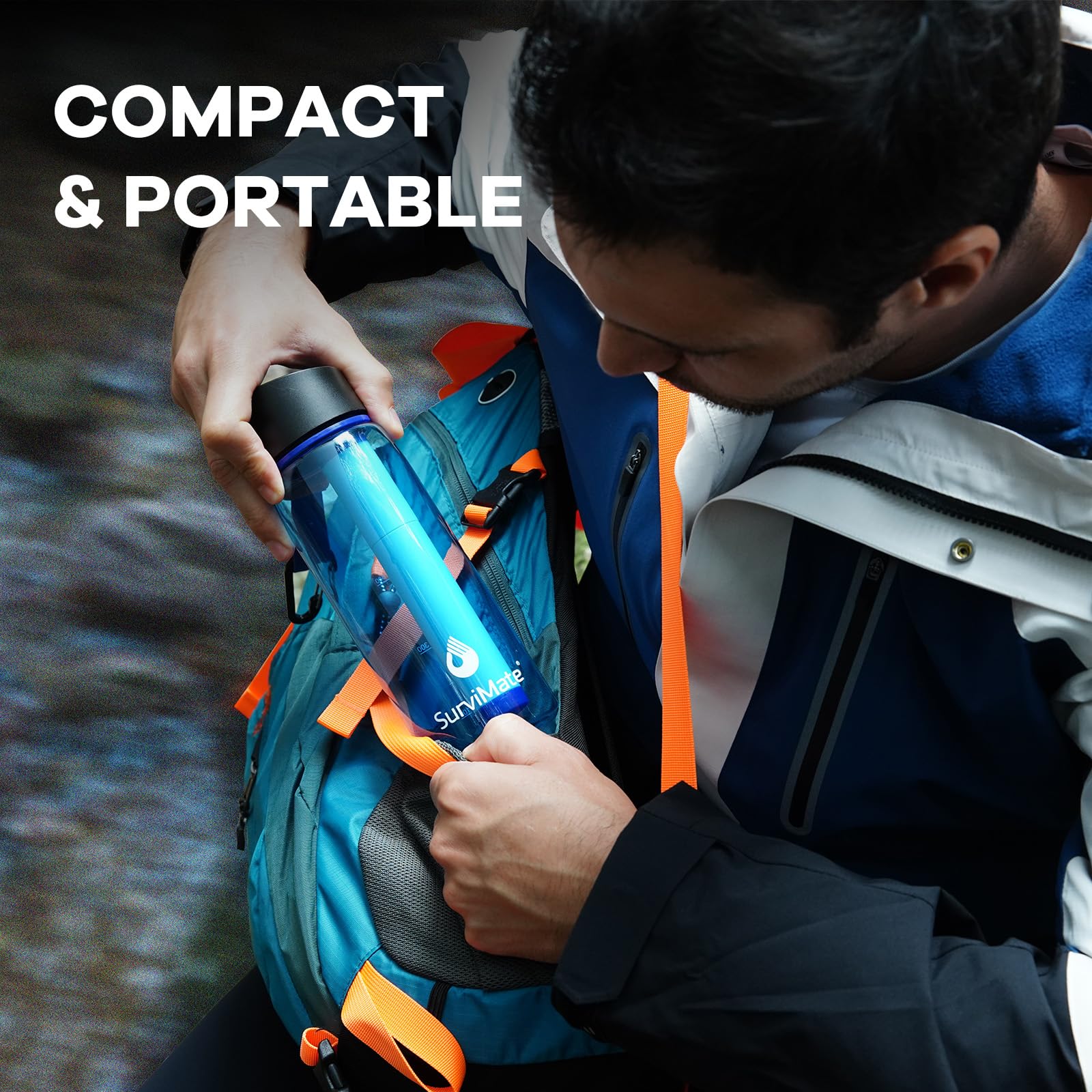 SurviMate Botella de agua filtrada de 5 etapas de 0,01 μm, material sin BPA, certificado NSF/ANSI 42 y 372, botella de filtro de agua portátil para supervivencia, camping, senderismo y uso de