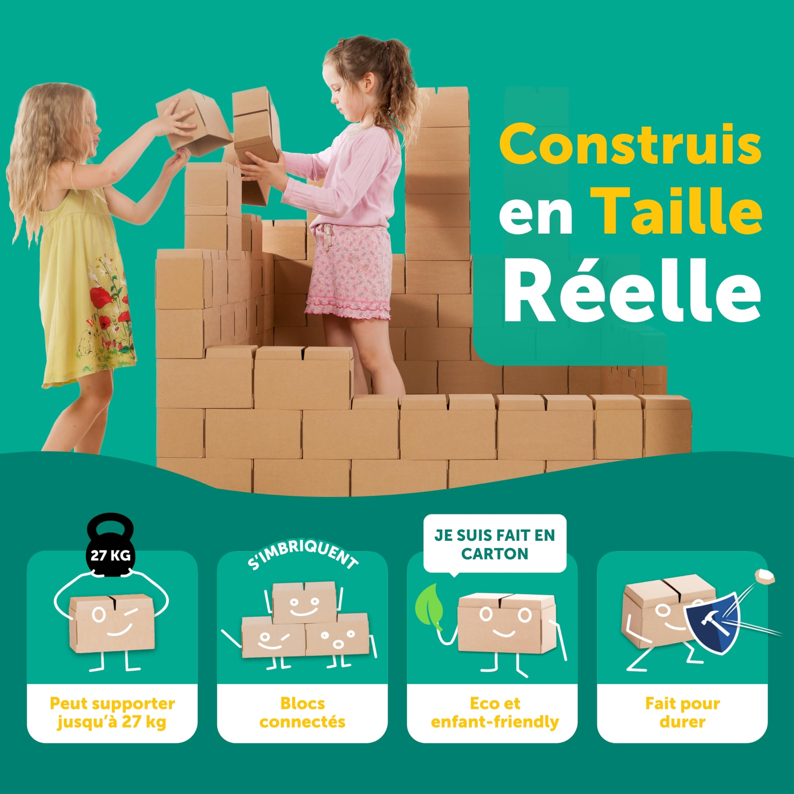 GIGI BLOKS Taille XXL 100 Briques Geantes en Carton Empilables & Emboîtables | Gros Bloc de Construction Enfant Robustes, Faciles à Assembler | Jeux de Construction Enfant Créatifs & Éducatifs
