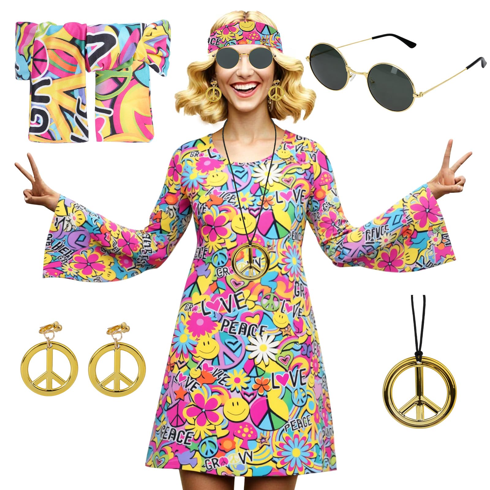 Disfraz Hippie Mujer, 6 Piezas Conjunto de Disfraz Hippie Años 70, Disfraces de Hippies Accesorios con collar, pendientes, diadema, gafas de sol, vestido hippie para Carnaval y Halloween
