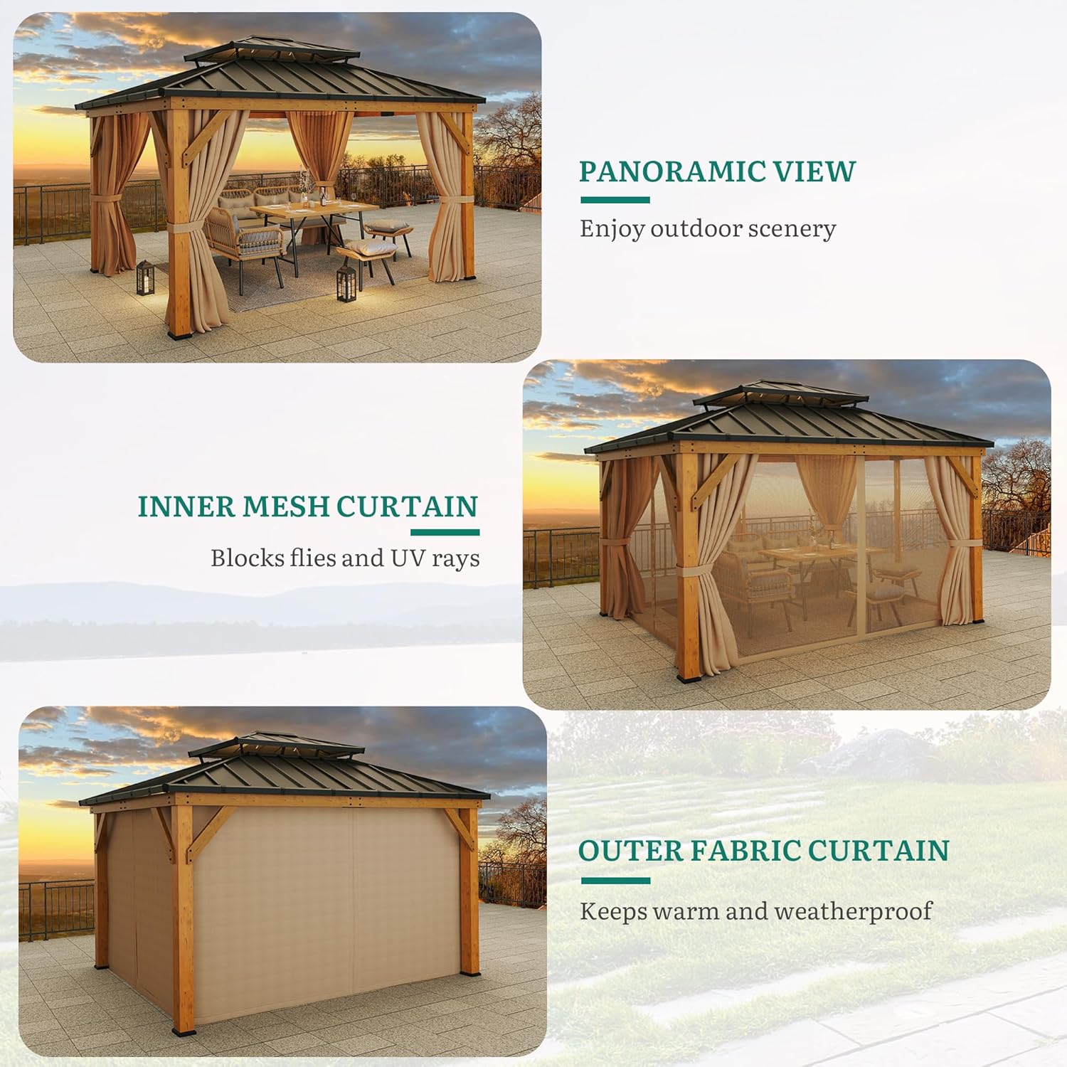 YITAHOME 11X13 Wood Gazebo Hardtop with Nettings and Curtains, Heavy Duty Double Roof Galvanized Steel Outdoor Wood Frame Roof for Patio, Backyard, Deck, Lawns