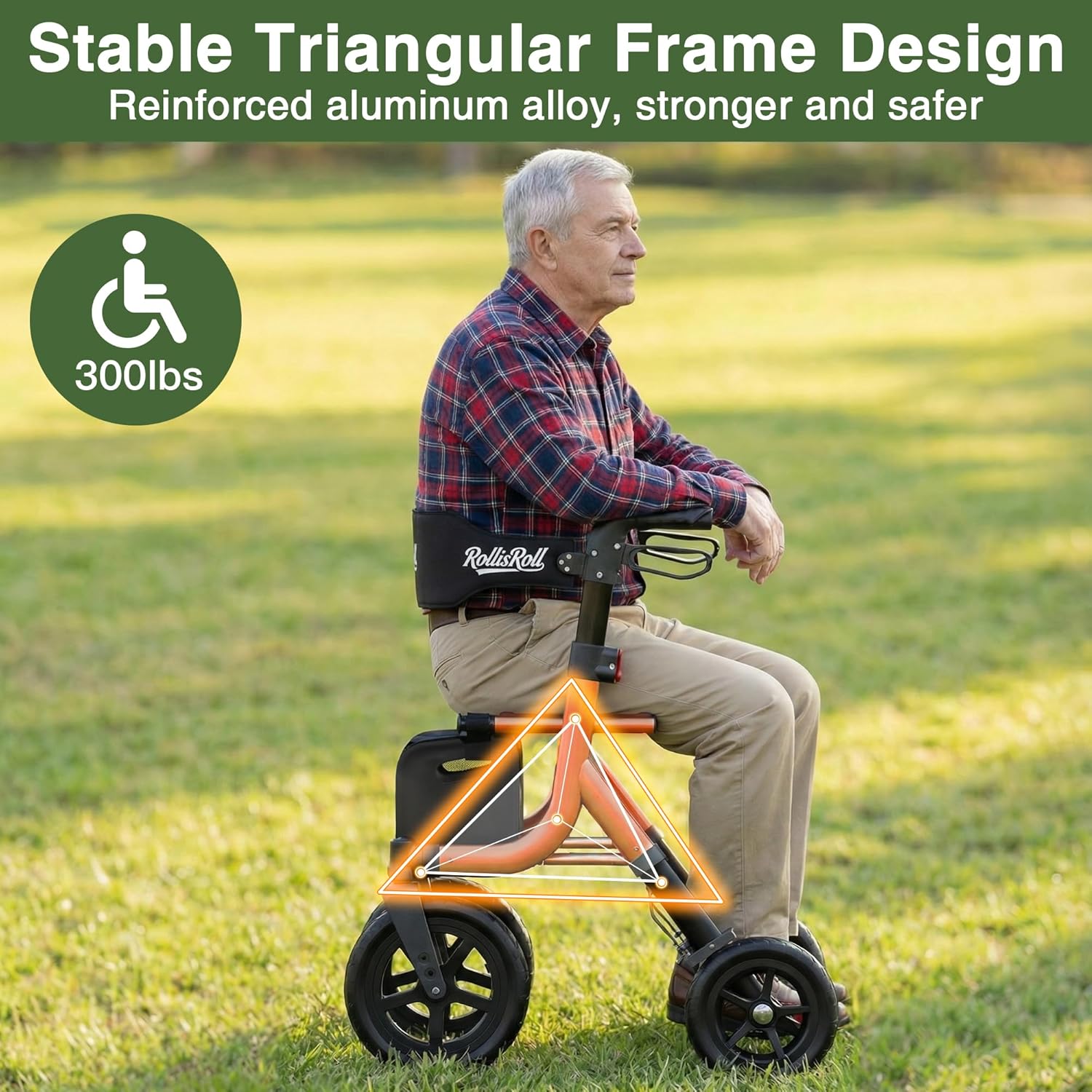 Walkers for Seniors, Rollator Walker with Seat, 12" Big Rubber Wheels All Terrain Rolling Walker with Backrest, Foldable Rollator Walker, Reinforced Aluminum Frame, Built-in Cable, Orange