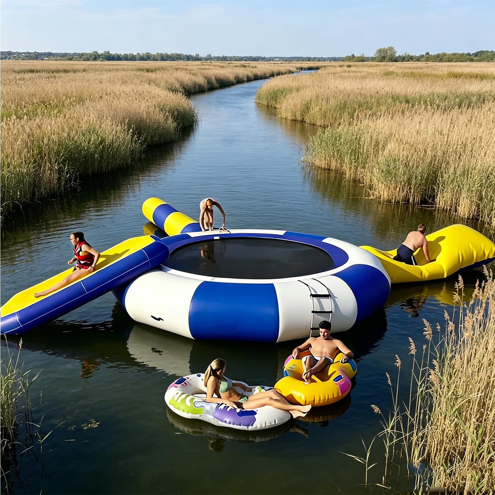 NSACMD Inflatable Floating Trampoline for Lakes, Pools, Or The Ocean—Durable 10/13/16-Foot Jumping Platform Featuring A Rope Ladder And Slide; A Recreational Trampoline.