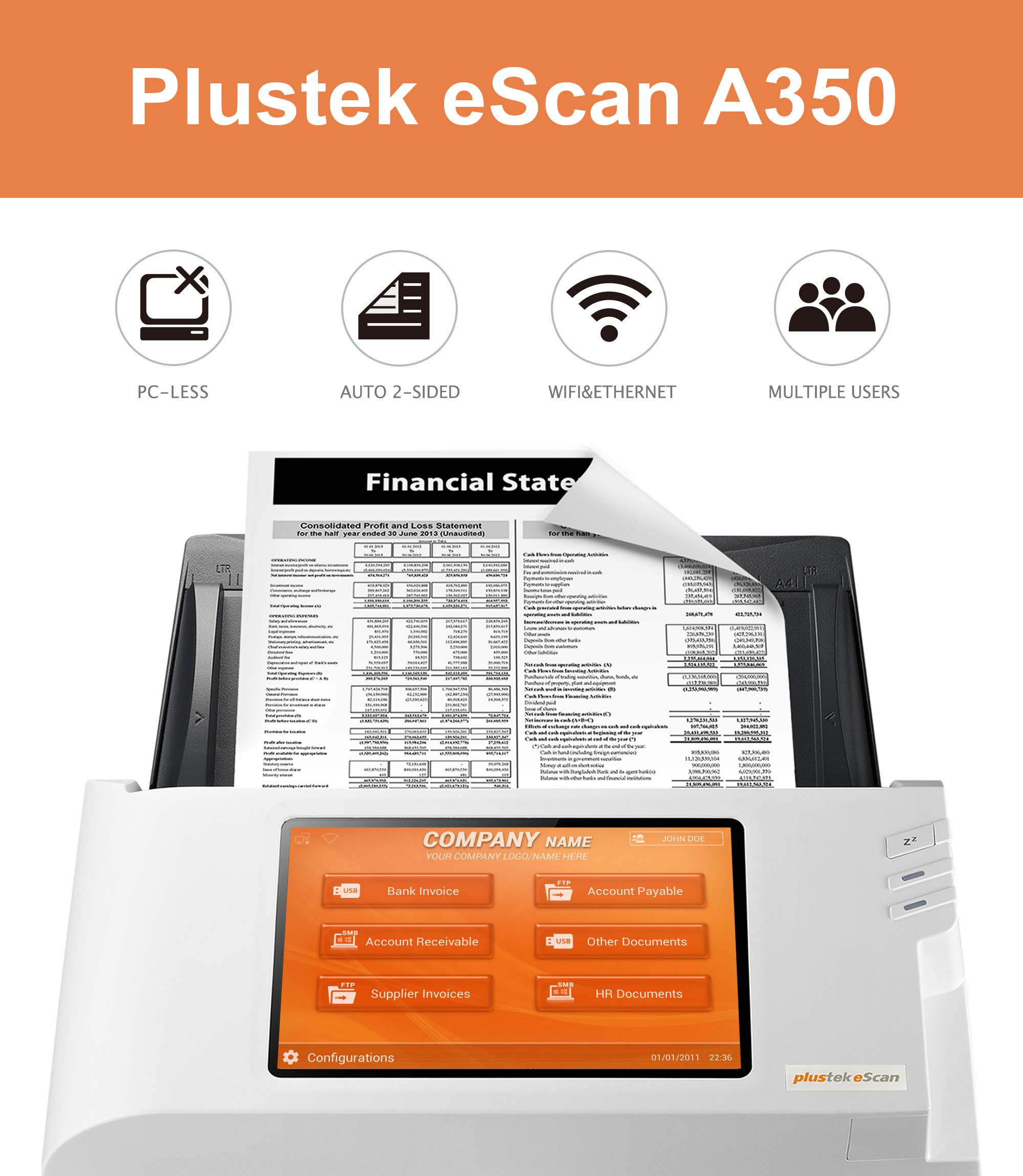 Plustek eScan Enterprise Network Document Scanner, Wireless High-Speed with Huge Touchscreen. Simple Deployment at Scale