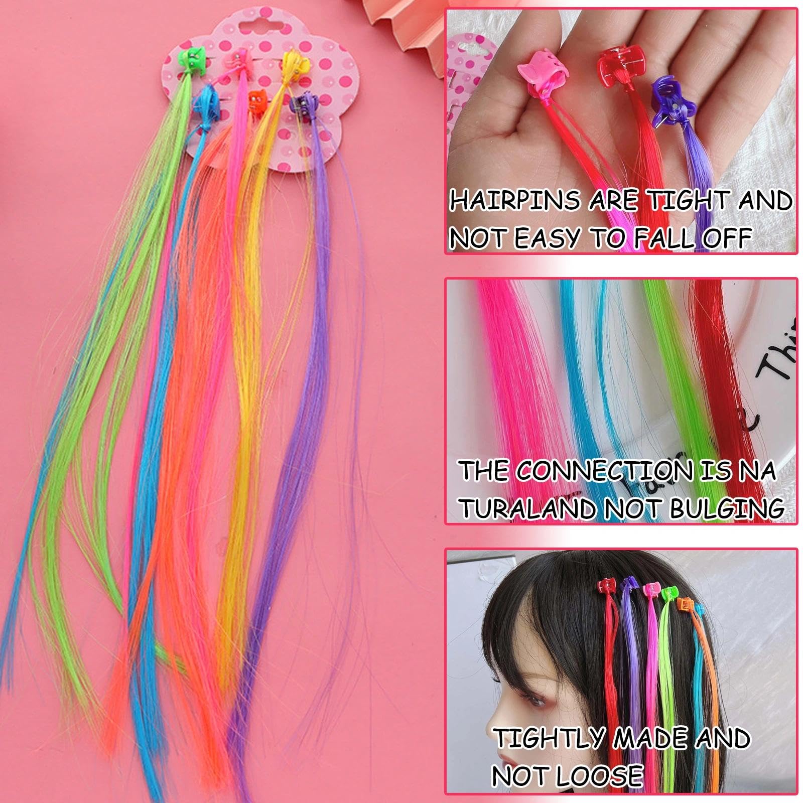 48PCS Colourful Clip-in Hair Extensions for Girls, Rainbow Hair Braiding Kit with Styling Clips & Accessories - Image 3