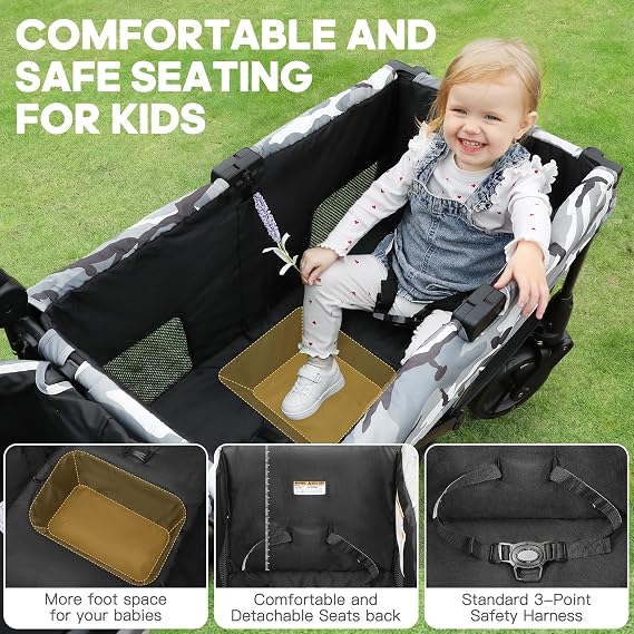 ELEMARA All-Terrain Stroller Wagon for 2 Kids, Foldable Kids Wagon Stroller Includes Removable Canopy,Mosquito net, Adjustable Push&Pull Handle,Snack Tray & Cup Holders, Storage Basket, Black+White