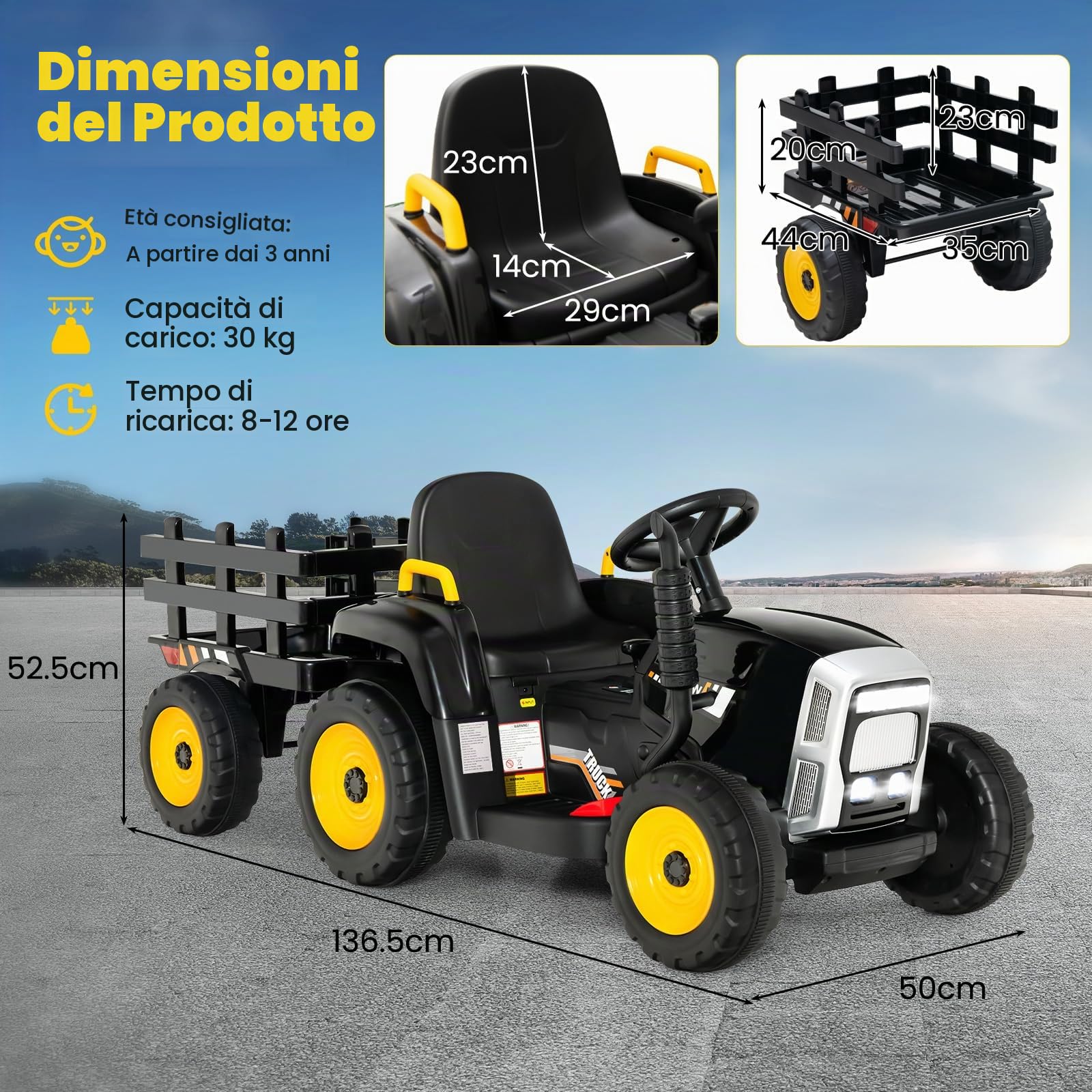 RELAX4LIFE Trattore Macchina Elettrica per Bambini 12V a 3 Marce con Rimorchio Staccabile e Telecomando 2,4G, Luci LED, Musica, Clacson e Funzione USB, per Bambini 3-8 Anni