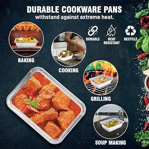 Miniatura 3 de Diplastible Sartenes de aluminio desechables oblongos con tapas, paquete de 50 unidades, sartén de 8.5 x 6 x 2.5 pulgadas, 5 libras con cubiertas de
