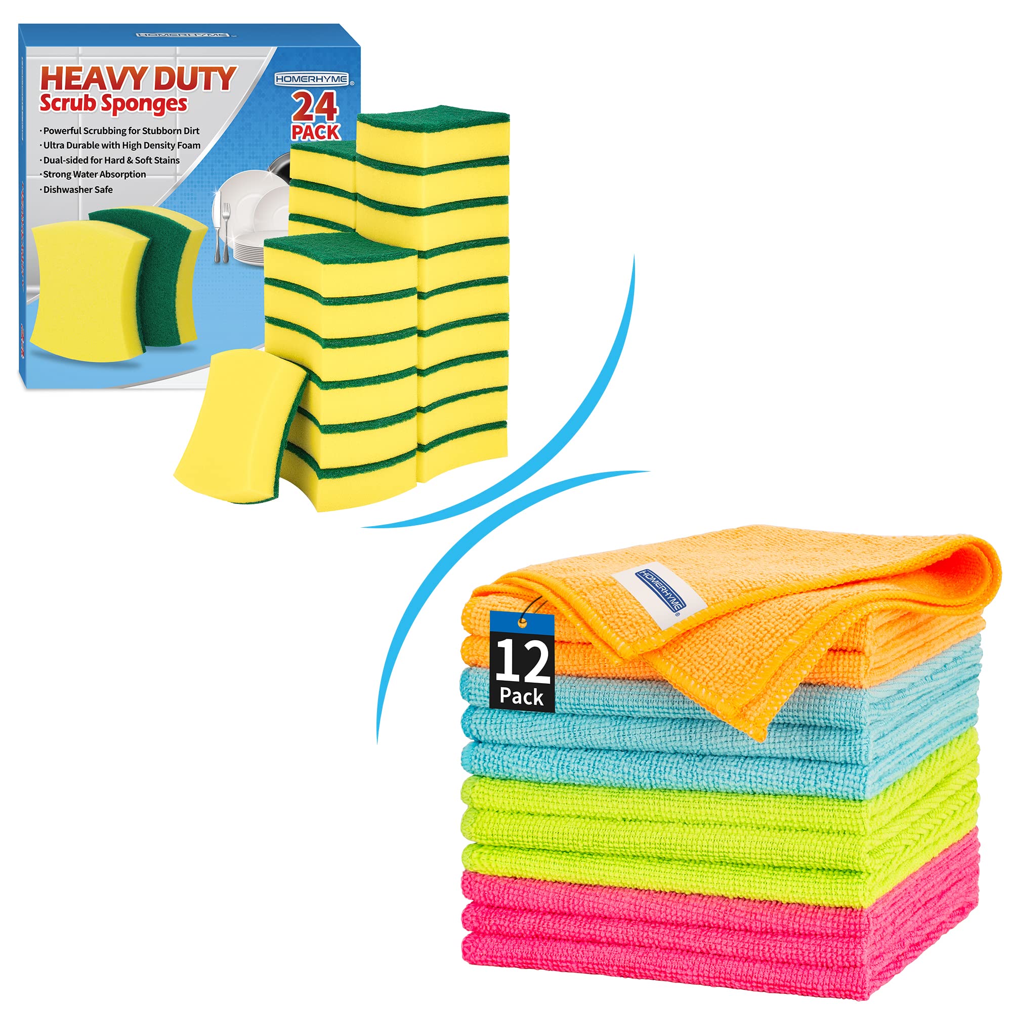 HOMERHYMEHeavy Duty Scrub Sponge 24 Pack, with HOMERHYME Microfiber Cleaning Cloth - 12 Pack Cleaning Towels