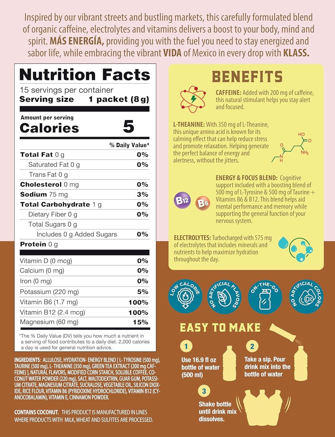 Hydration + Energy Electrolyte Drink Mix – Coffee Horchata Agua Fresca Flavor | Sugar-Free Powder with Caffeine, L-Theanine, Coconut Water & Minerals | 15 Single-Serve Stick Packs