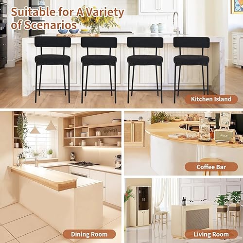 Miniatura 7 de Furnilivng - Juego de 4 taburetes de bar de 24 pulgadas, modernos taburetes de bar Boucle con respaldo curvado y marco de metal negro, taburetes de