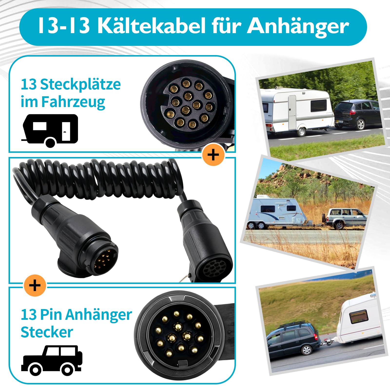 Anhänger Verlängerungskabel 13 Polig 1.3M,Anhängerkabel Adapterkabel,13 Pol Stecker auf 13 Poliger Steckdose Sprialkabel,13 Poliger Anhängerstecker mit Kabel für PKW RV Wohnmobil Traktor