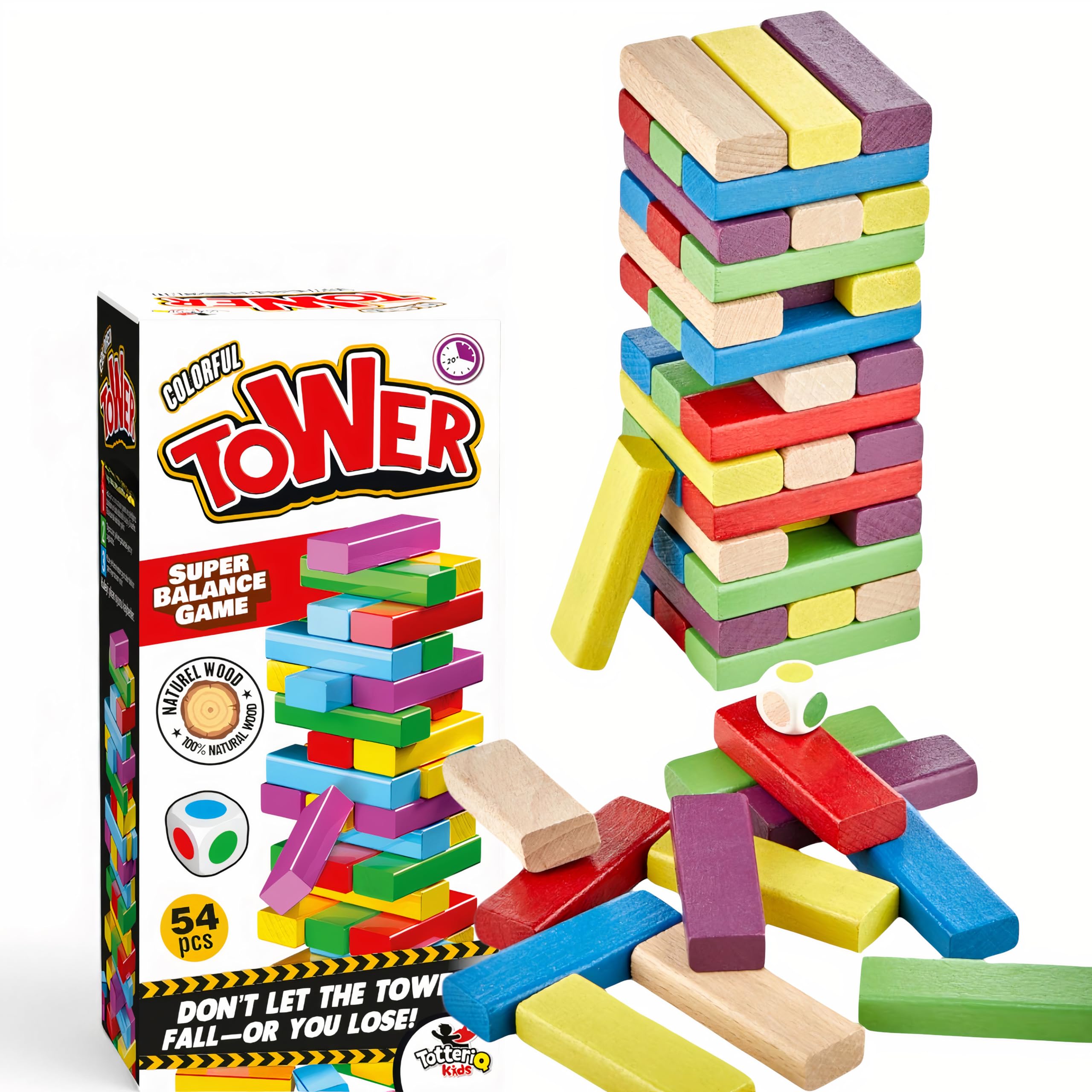 totteriq Colourful Wooden Tower Game with Dice  54-Piece Stacking Blocks for Kids And Adults  Fun Family Game With 6 Vibrant Colours, Educational Toy for Boys and Girls Ages 5 Plus
