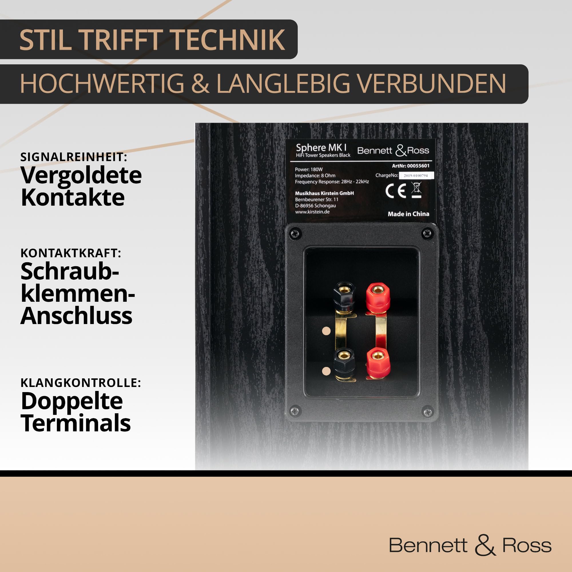 Bennett & Ross Radiant 3-Wege HiFi Standlautsprecher Paar (350W RMS, 6,5" Tieftöner, 6,5" Mitteltöner, 1" Hochtöner, Bassreflex-Konstruktion, Maserung in Holzoptik) schwarz