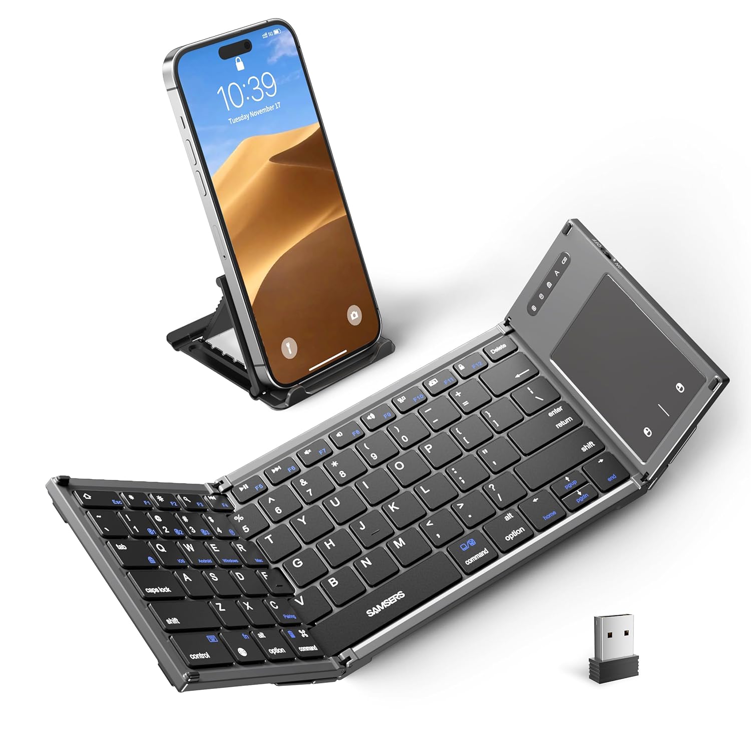 Samsers Foldable Bluetooth Keyboard with Touchpad, Full-Size Dual-Mode Wireless Folding, Rechargeable Portable Travel for iOS Android Windows Mac OS, Support 4 Device(BT5.1×3 + 2.4G)