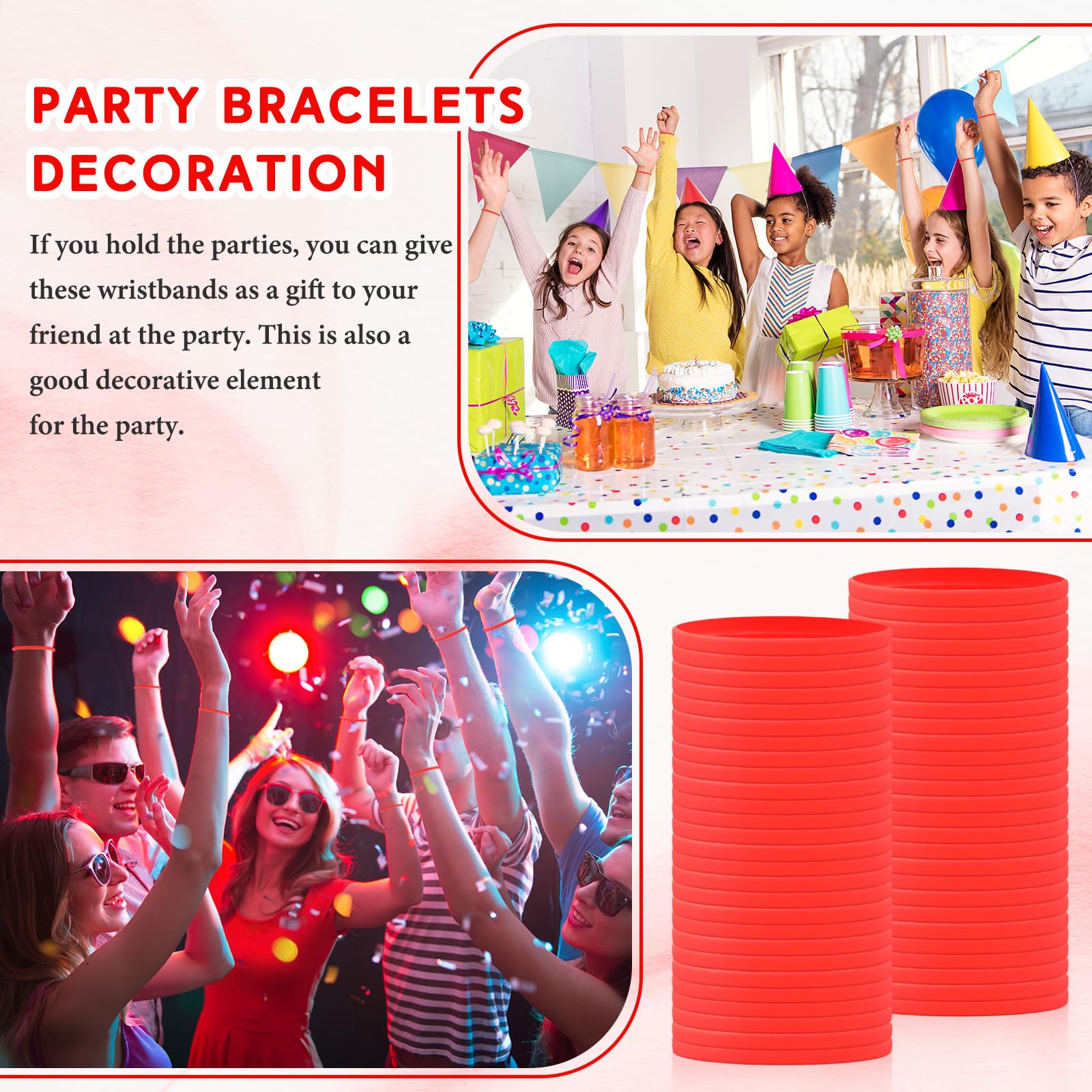 Liliful 400 braccialetti in silicone in tinta unita, in gomma bianca, per sport, elastici, per adulti, uomini, donne, adolescenti (rosso)