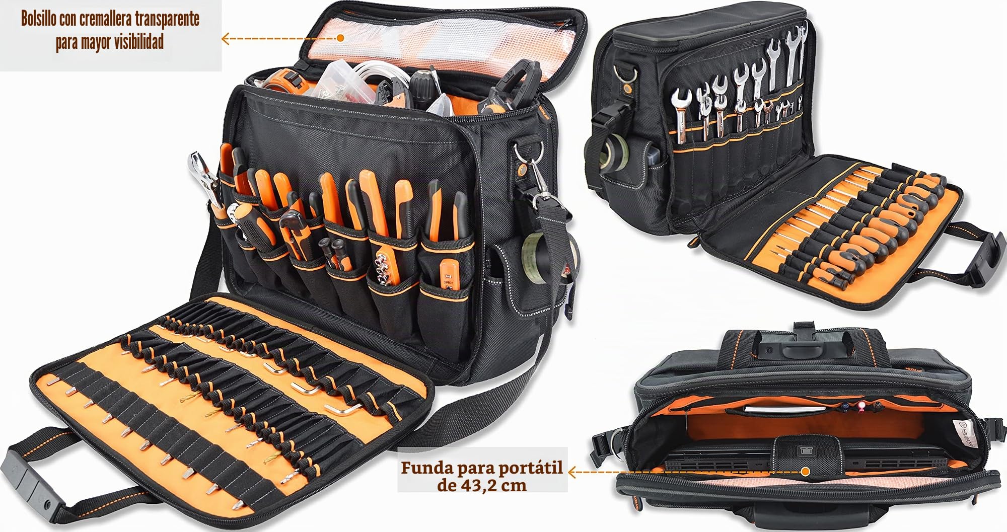 WELKINLAND Bolsa de herramientas para electricista con 88 bolsillos, para electricistas, técnicos, HVAC y laptop