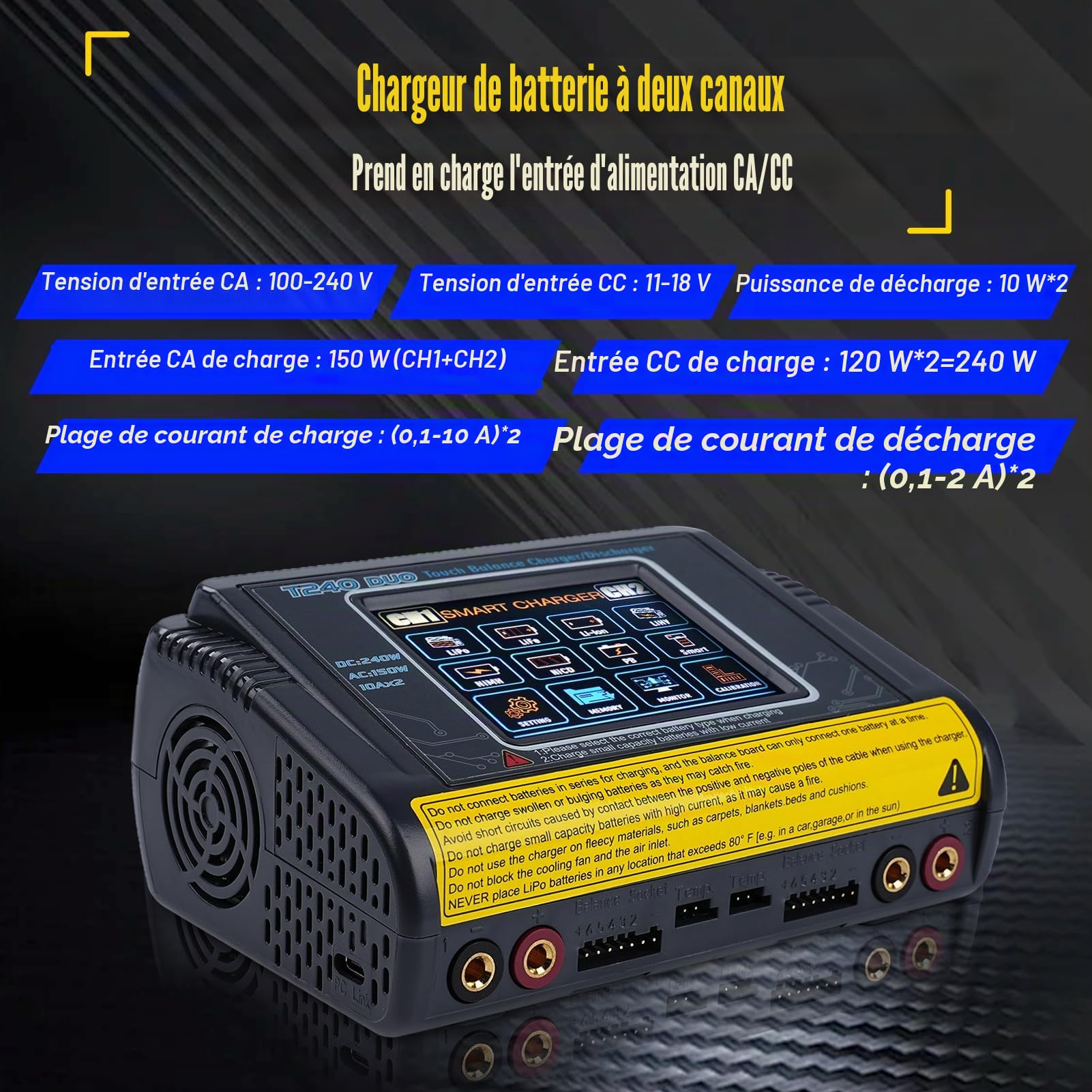 Chargeur Lipo équilibreur RC Chargeur Batterie lipo Double Chargeur DC/AC 11-18V 240W AC 100-240V 150W Détection Auto LiPo/Lilon/Life/NiMH/NiCd/PB/NiMH Écran Tactile LCD 3,2 Pouces 10A (T240)