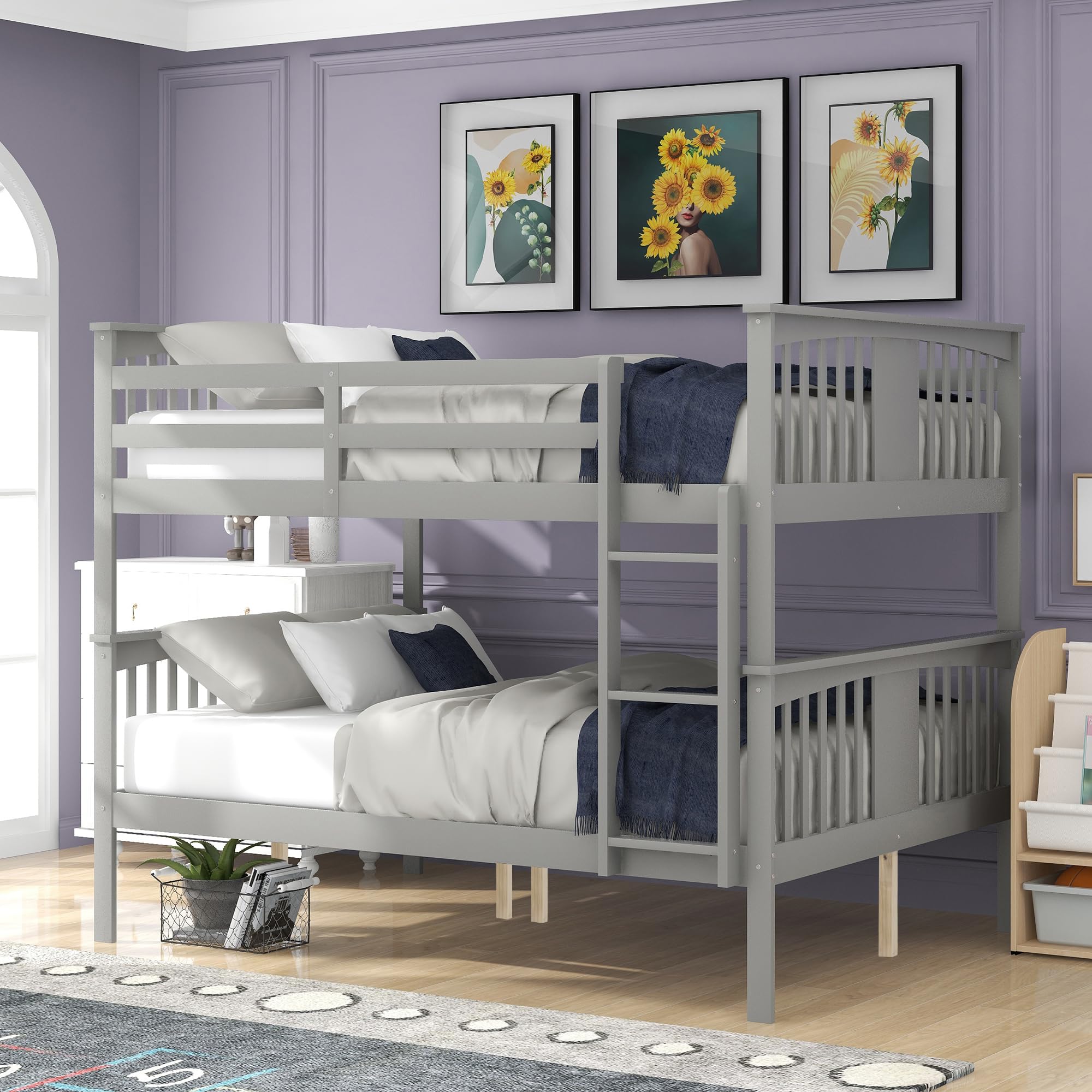 Merax Full Over Full Bunk Bed Convertible to Two Separate Beds, Solid Pine Wood Frame with Safety Guardrail & Headboard/Footboard, Sturdy Durable Design, for Teens/Adults, No Box Spring Needed, Grey