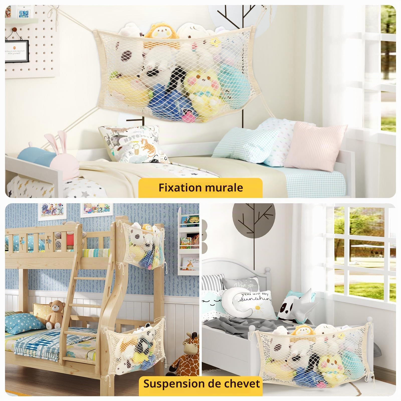 Filet de Rangement Peluches pour Bord de Lit en Coton, Hamac Jouets Style Bohème Chic, Beige, Lot de 2