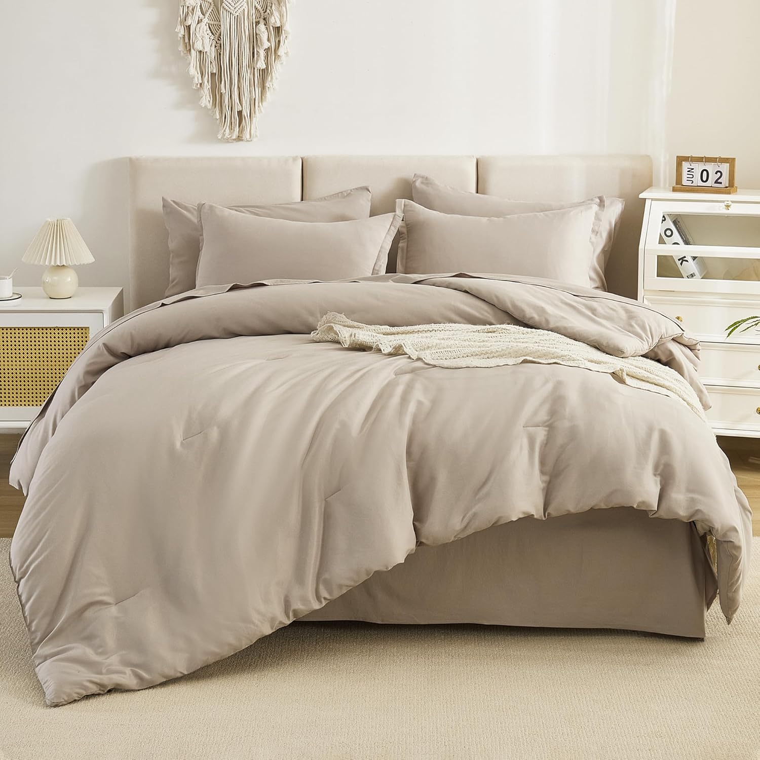 Litanika Comforters Queen Size Set Oatmeal - 7 Pieces Bed in a Bag Queen Beddding Comforter Sets, Plain Lightweight Bed Set with Comforter, Sheets, Pillowcases & Shams Queen (90"x90") Oatmeal