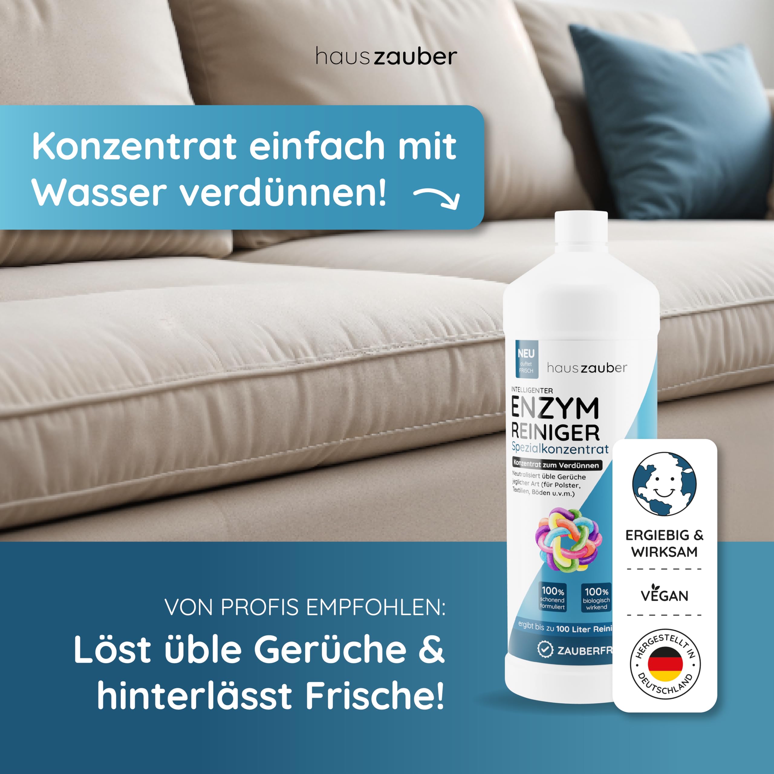 hauszauber - Enzymreiniger Konzentrat - [STARKER GERUCHSENTFERNER] - 1000 ml - Gegen Urin, Katzenurin, Hundeurin, Kot - Geruchsneutralisierer - Zauberfrische