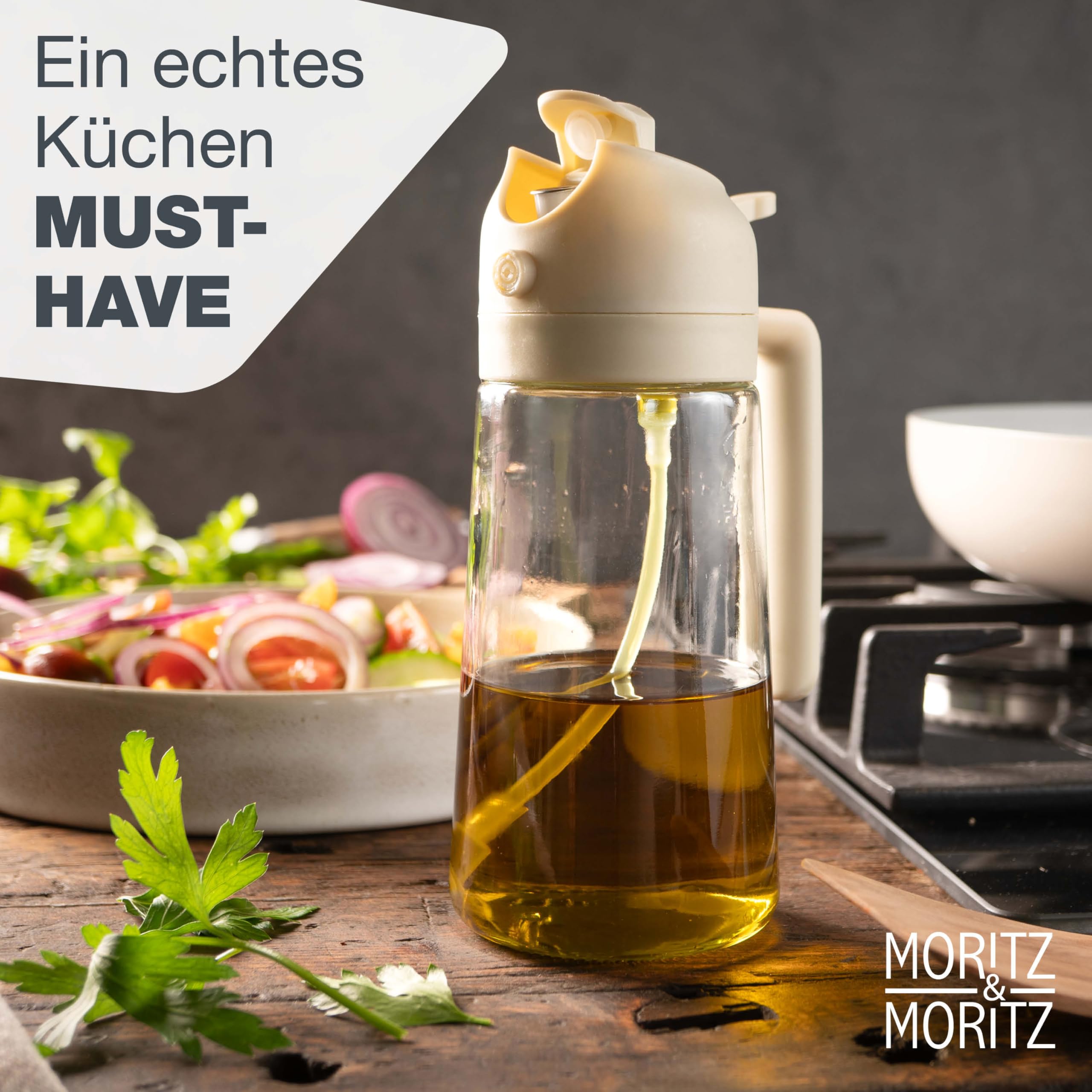 Moritz & Moritz Rozpylacz do oleju 470 ml – 2 w 1, rozpylacz i nalewak, delikatna mgiełka do oleju i octu, butelka z rozpylaczem wielokrotnego napełniania na patelnię, airfryer, grilla i sałatki