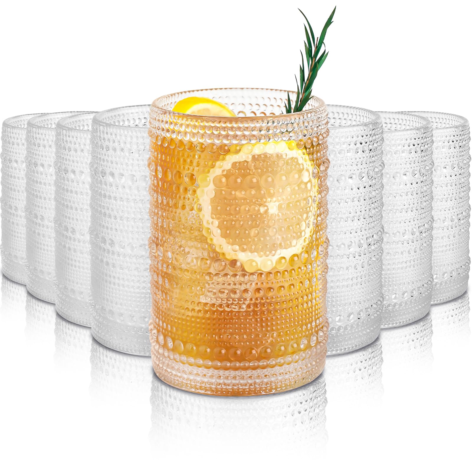 15oz Hobnail Drinking Glasses Set of 8, Vintage Glassware Sets for Water Cocktail Whiskey and Mixed. kitchen and Bar Beaded Glass Cups, Clear Bubble Glassware Sets