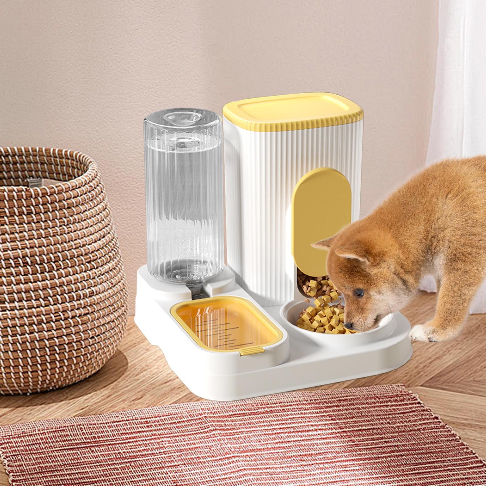 comedero automático para Gatos, Comedero 2 en 1 de Gran Capacidad con Cuenco extraíble for Razas pequeñas, Medianas y Grandes(Yellow)