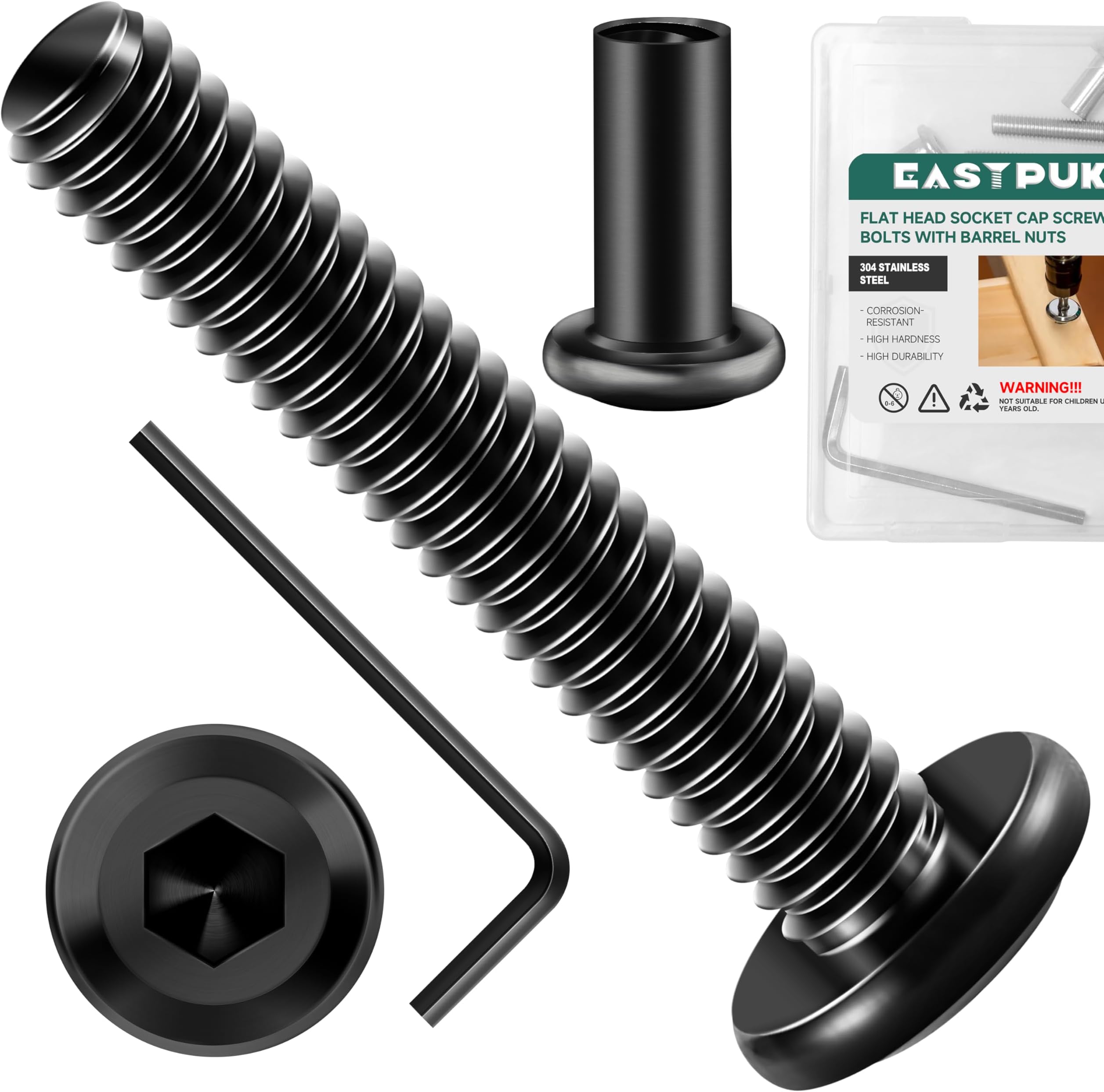 20Pcs 1/4-20 x 1-1/2" Flat Socket Head Cap Screws Bolts Barrel Nuts Kit, 304 Stainless Steel 18-8 Furniture Bolts Screws and Nuts, Black Oxided