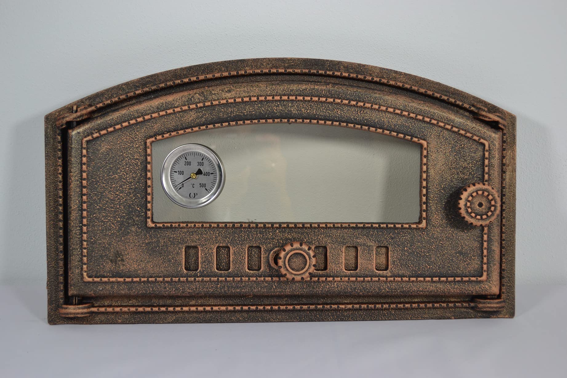 SEZAM Porta da forno in ghisa con termometro 500°C, vetro resistente al calore, apertura a sinistra, porta del forno per pizza, forno per il pane, 48,5 x 6,5 x 27,5 cm pittura semicircolare color rame