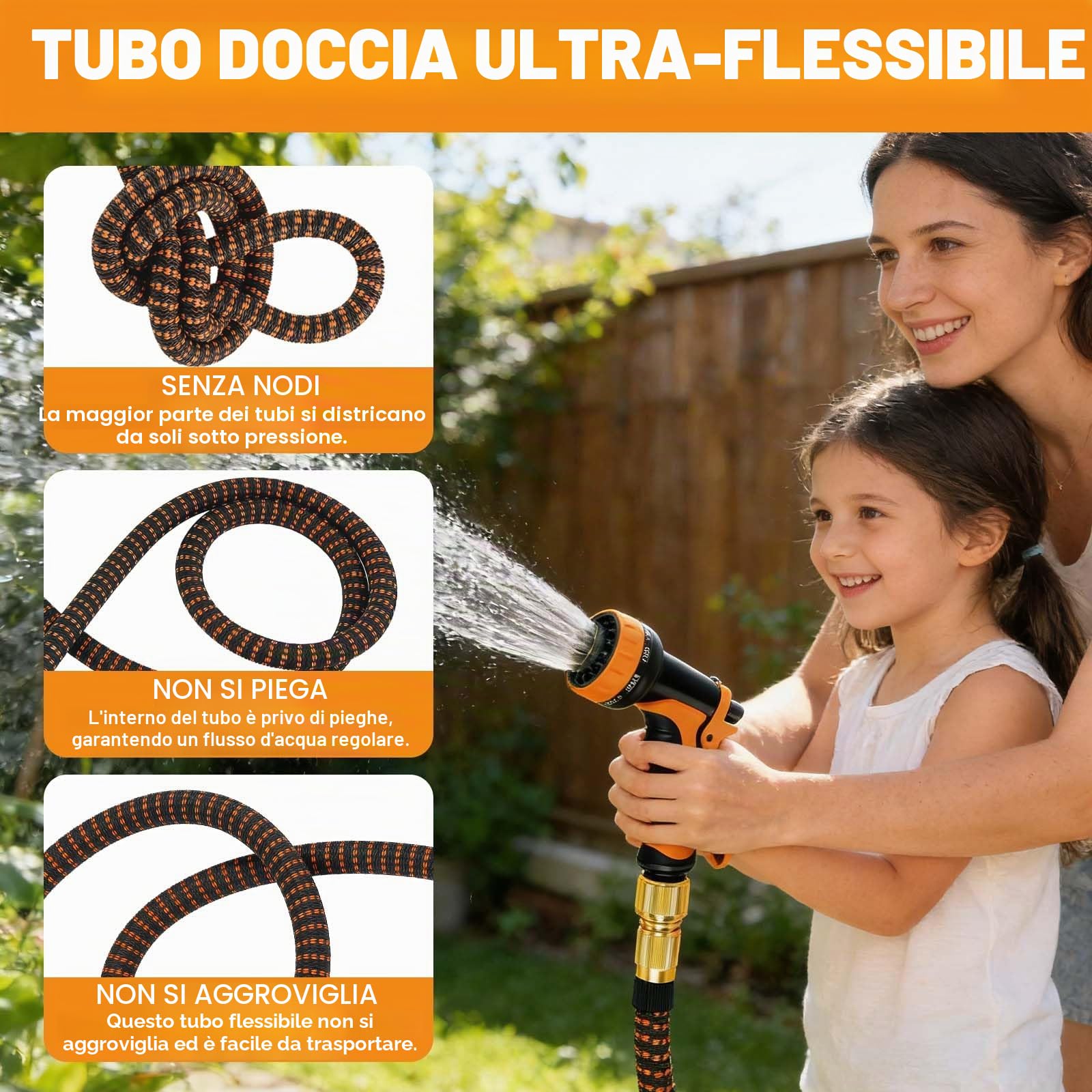 Tubo da Giardino Estensibile 30M – Raccordi Universali 1/2" e 3/4" Anti-Perdita, Tubo Acqua Flessibile, Pistola 10 Funzioni per Auto e Giardinaggio (Arancione)