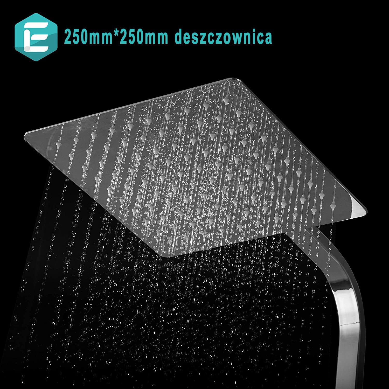 System prysznicowy firmy ELBE ze stali nierdzewnej, z termostatem, deszczownicą, słuchawką prysznicową, kwadratową głowicą prysznicową 25 x 25 cm.