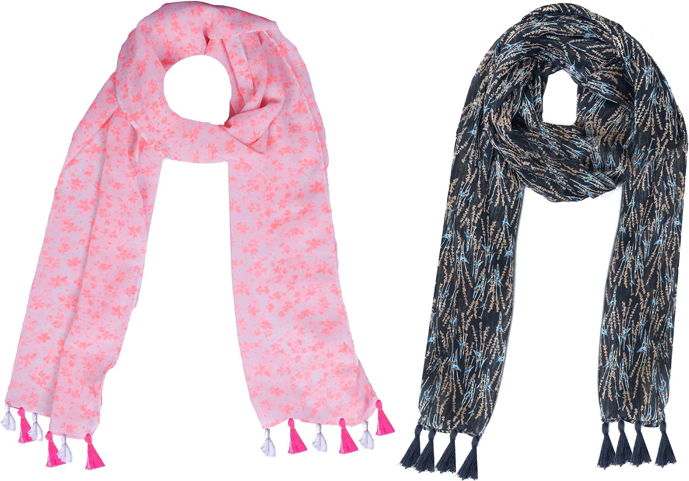 Digiom® Combo of 2 Chiffon Western Floral Scarf, Stole for Women & Girls (Pink & Black)