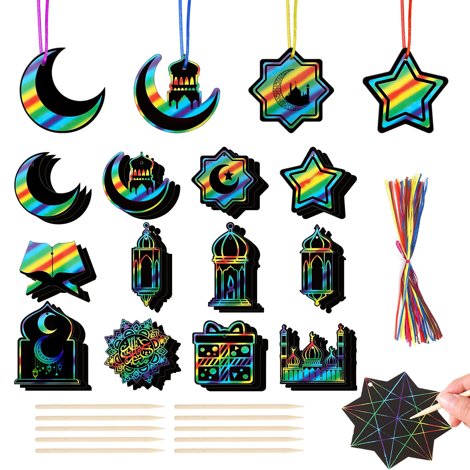 36PCS Ramadan Eid Scratch Art for Kids Ramadan Scratch Paper Art Kits