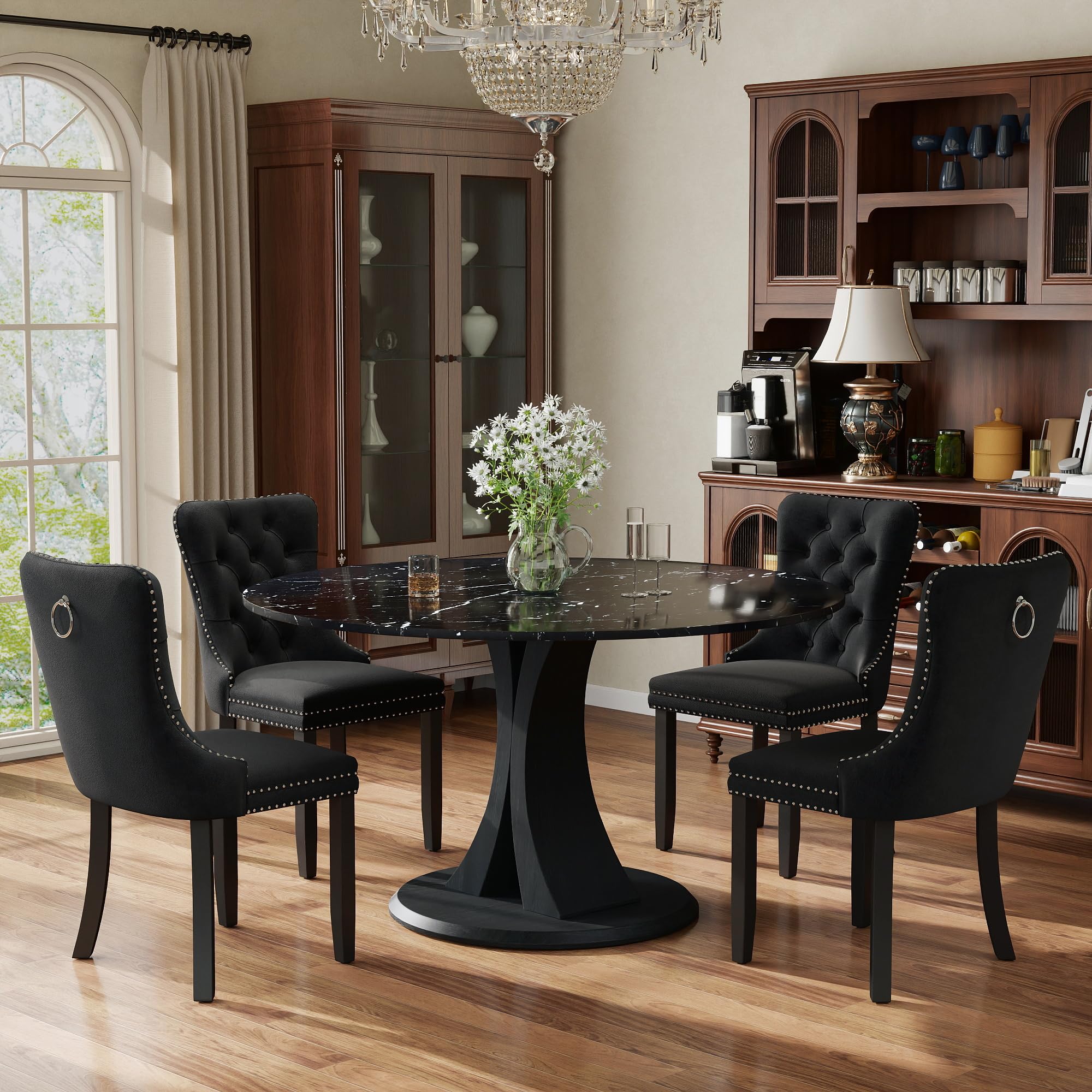 5-Piece Dining Table Set for 4 with 47 In Black Faux Marble Round Table