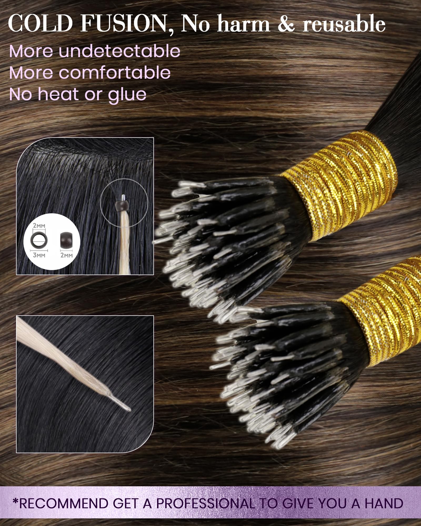 LaaVoo Nano Hair Extensions Real Human Hair 100g Full Head Nano Beads Hair Extensions Balayage Darkest Brown to Light Brown Invisible Nano Ring Straight Remy Hair 100s 24 Inch #2/6/2 - Image 3