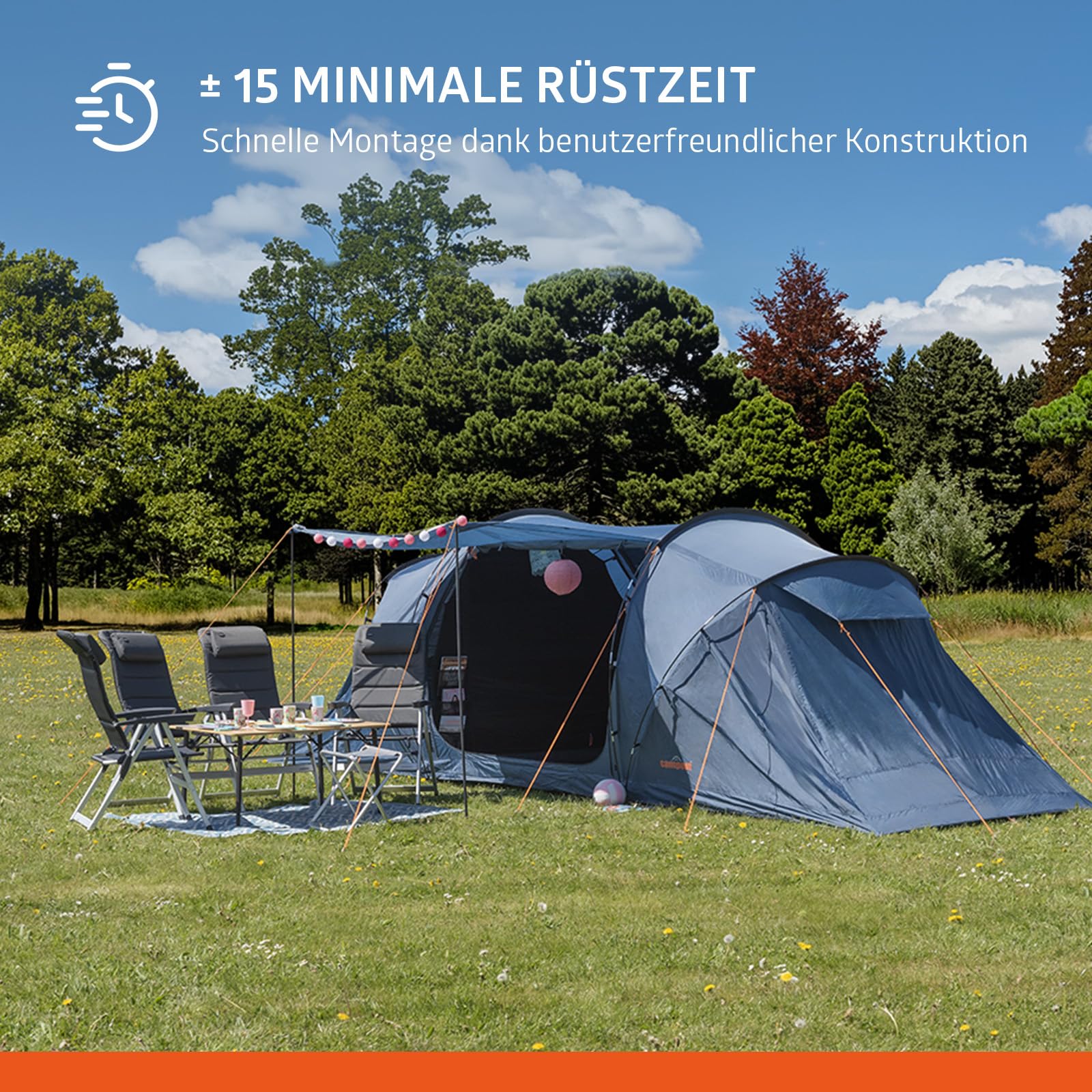 Campout 6-Personen Vis-à-Vis Kuppelzelt – 2 Schlafkabinen – 5000 mm Wassersäule – Wohnbereich – Aufbauzeit 15 Min – inkl. Vordachstangen, Heringen & Tragetasche