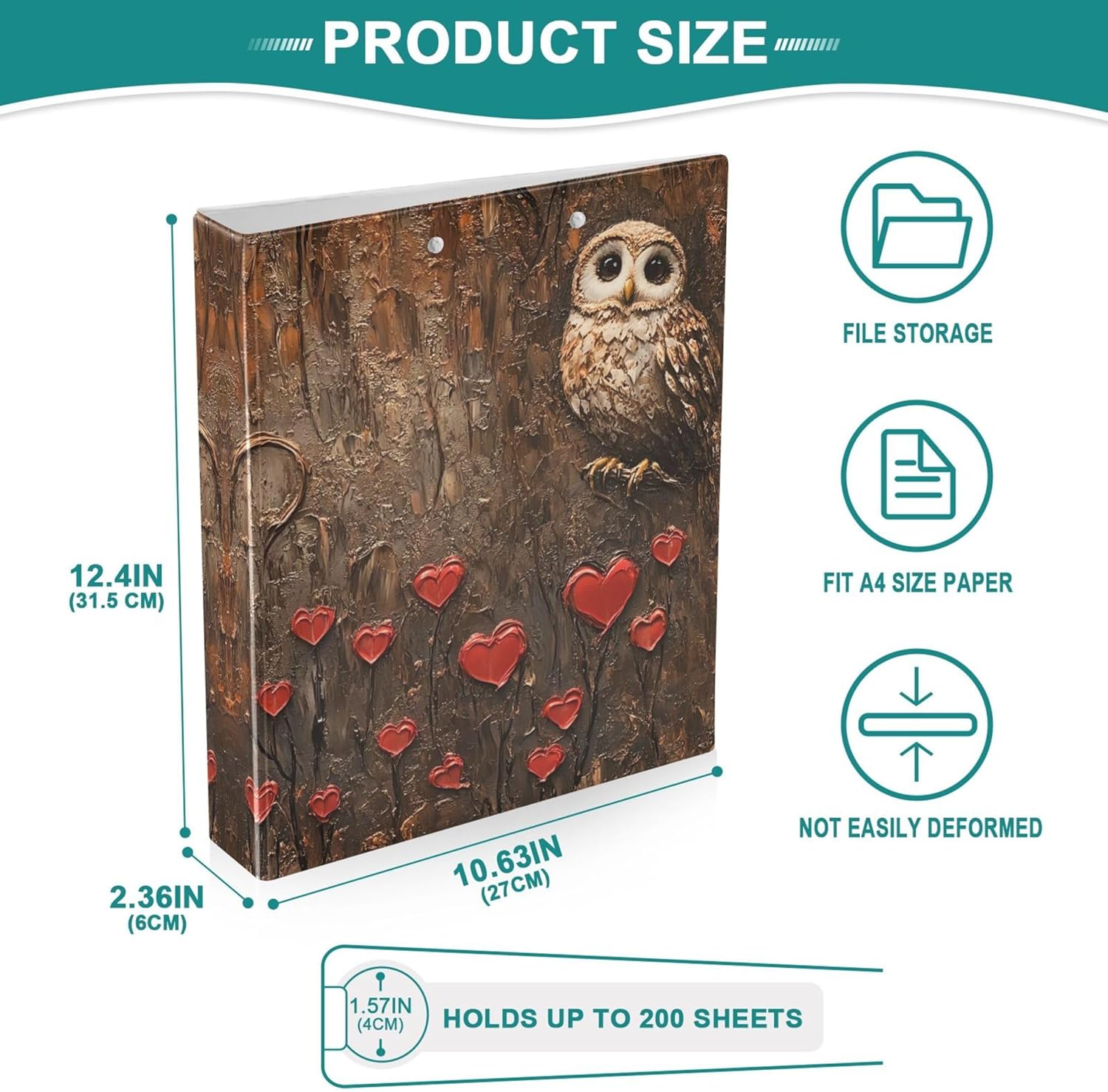 Retro Valentine's Day Owl 3 Ring Binders, 1.5” Round Ring Binders with Clipboard - Letter Size, 3 Interior PVC Clear Pockets & Anti-Slip Clip for Office School Supplies, 2PCS