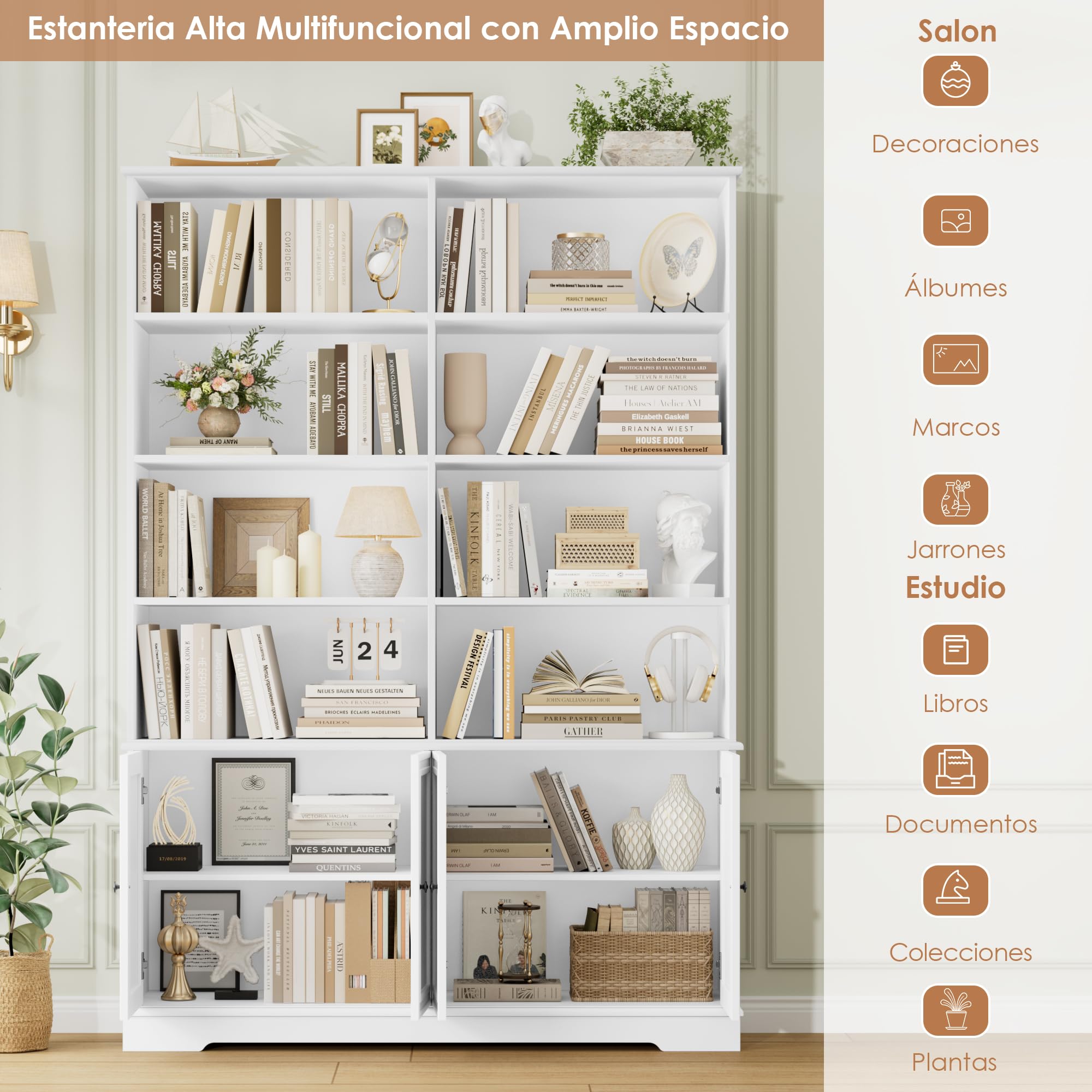 FirFurd 185cm Estantería Libros de 8 Compartimientos con 4 Puertas Retro | Librería Salón, Estanterías Almacenaje de Pie para Oficina Salón Almacenamiento y Exhibición Blanco 120An.x27F.x185Al.cm