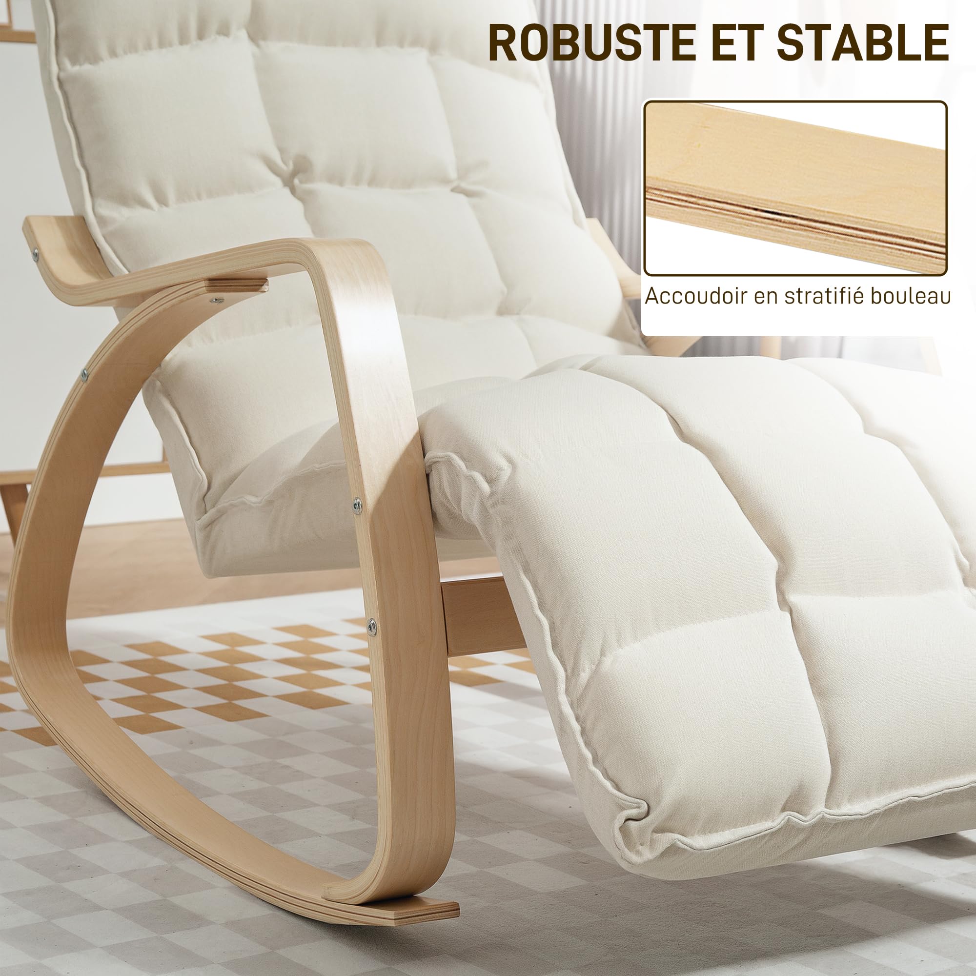 HOMCOM Fauteuil à Bascule avec Repose-Pieds Ajustable, Fauteuil Allaitement capitonné, Rocking Chair en Tissu Lin avec Pieds en Bois de Bouleau, pour Chambre, Salon, 67 x 106-123 x 92 cm, crème