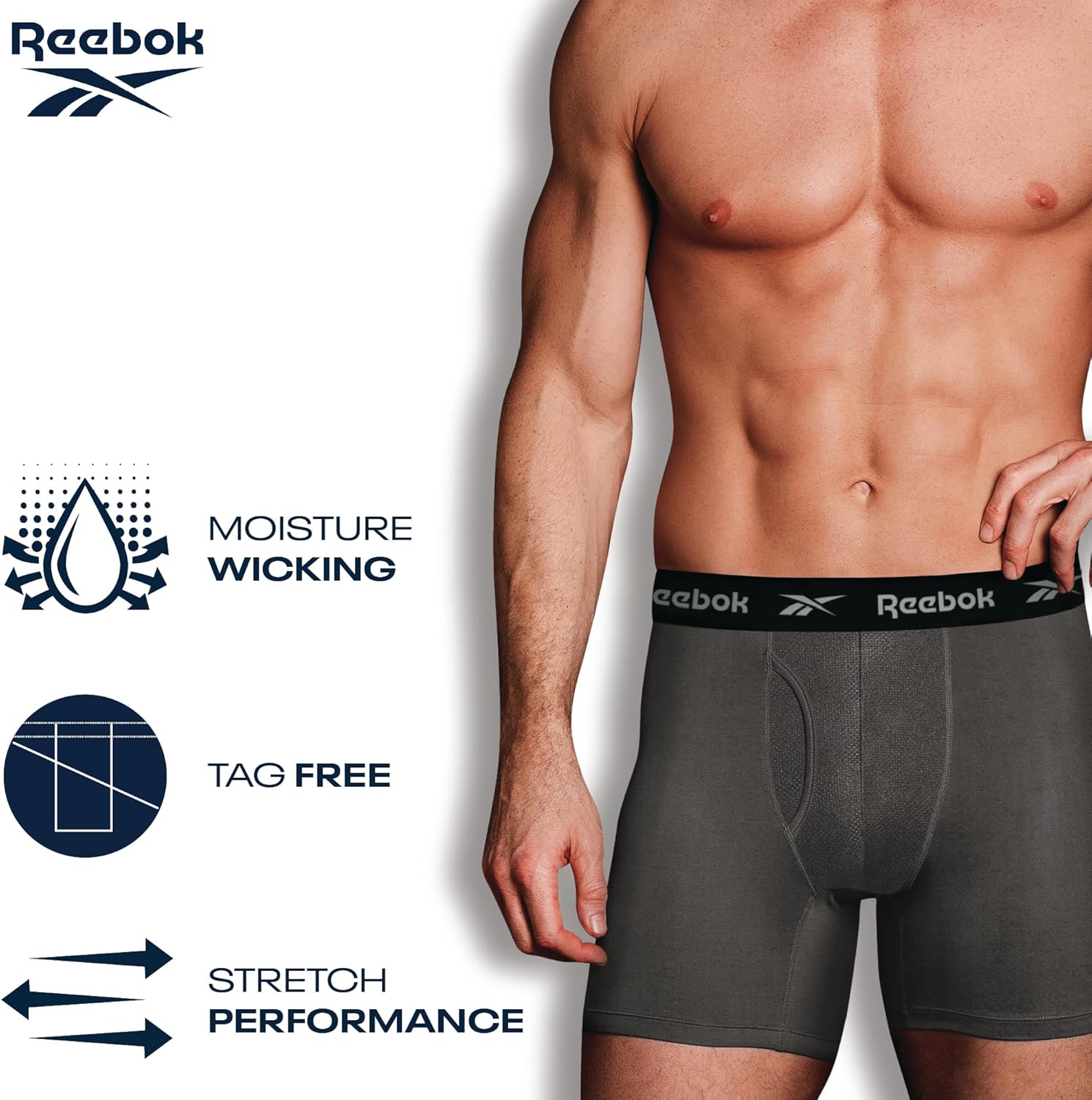 Reebok Mens Boxer Briefs - 8 Pack Performance Stretch Mens Underwear Boxers with Functional Fly, 6" Inseam Boxers for Men, Size Small, Black - Image 2